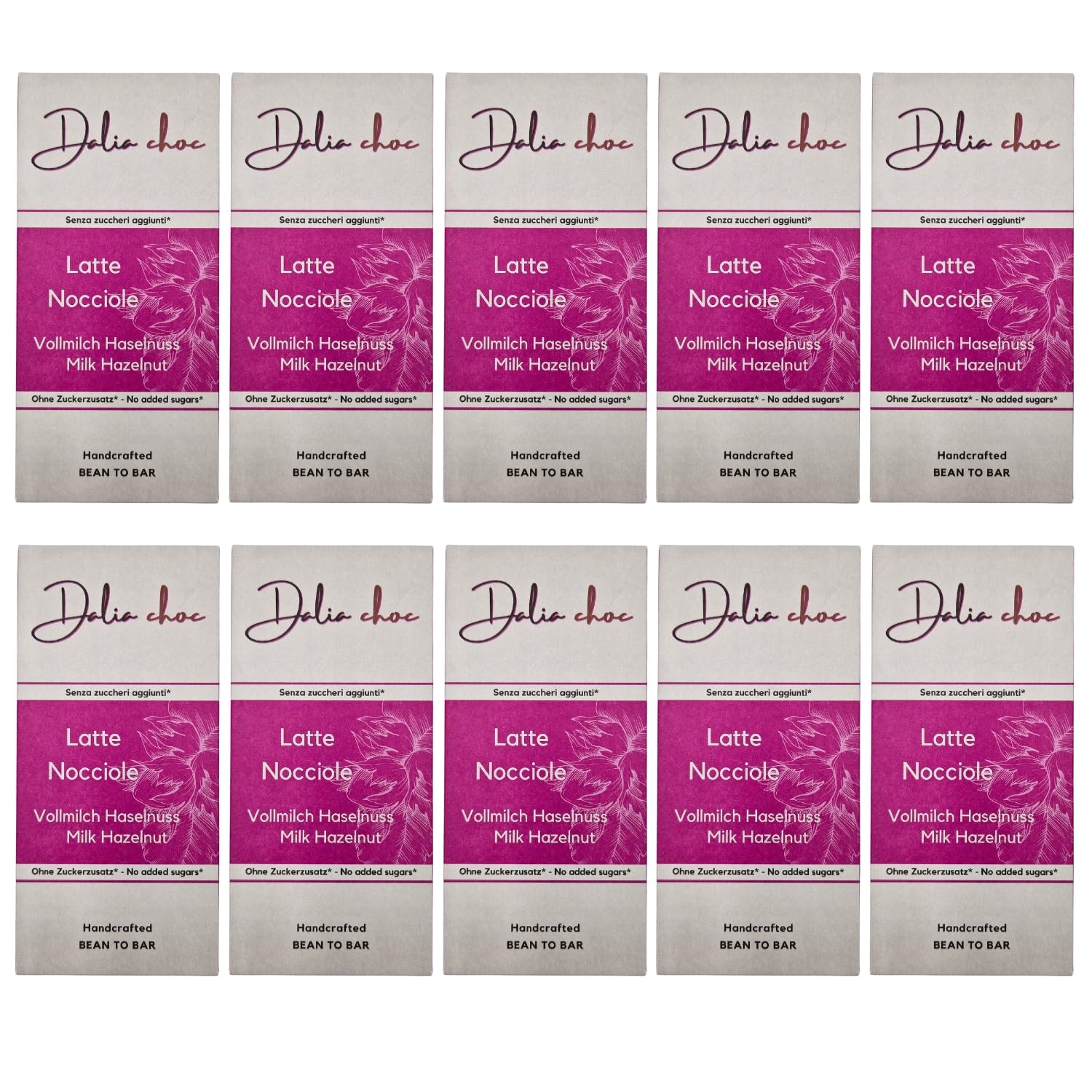 Dalia Choc - Tavolette di cioccolato PREMIUM - 10 Pezzi | Senza Aggiunta di Zuccheri | Prodotto in ITALIA | BEAN TO BAR - LATTE-NOCCIOLE