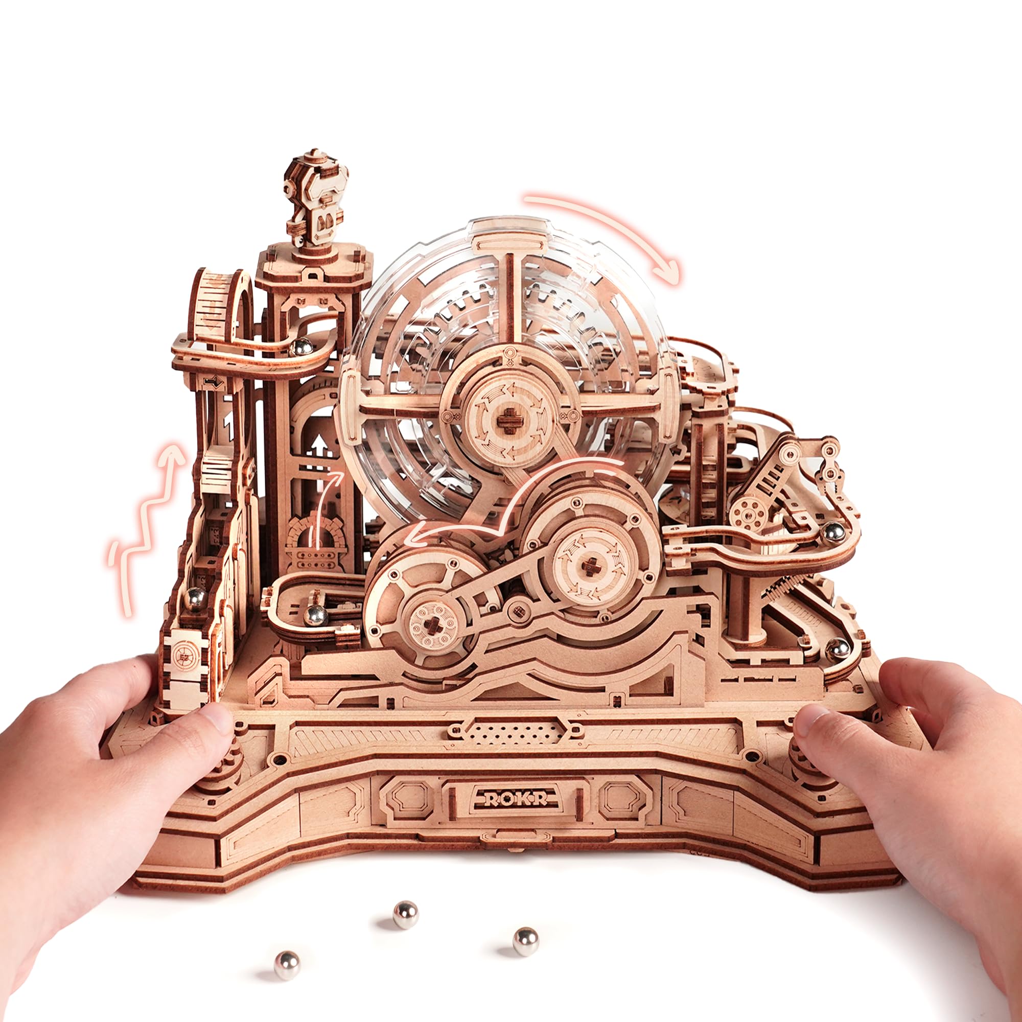 ROKR Gear Ball Challenge EGC01 3D Wooden Puzzle Marble Run Model Kits for Adults to Build Craft Kits DIY Pinball Machine Game Puzzle Gift for Men Women
