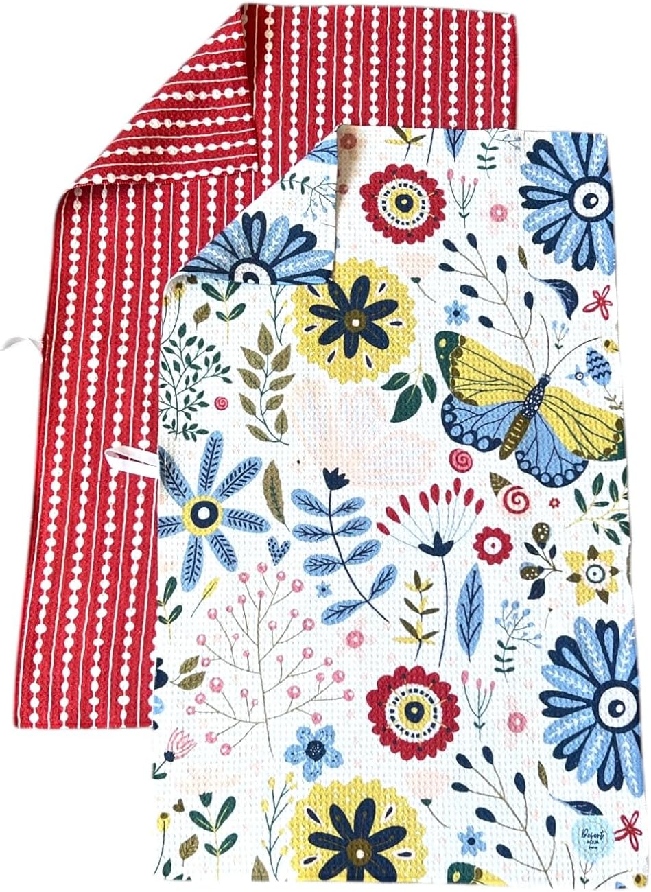 Desert Aqua || 2 Pack Double Sided|| Not Your Ordinary Dish Towels || Waffle Weave Microfiber || Tea Towels || Highly Absorbent || Hanging Loop || Dish Cloths|| Designer Prints|| Flower Garden