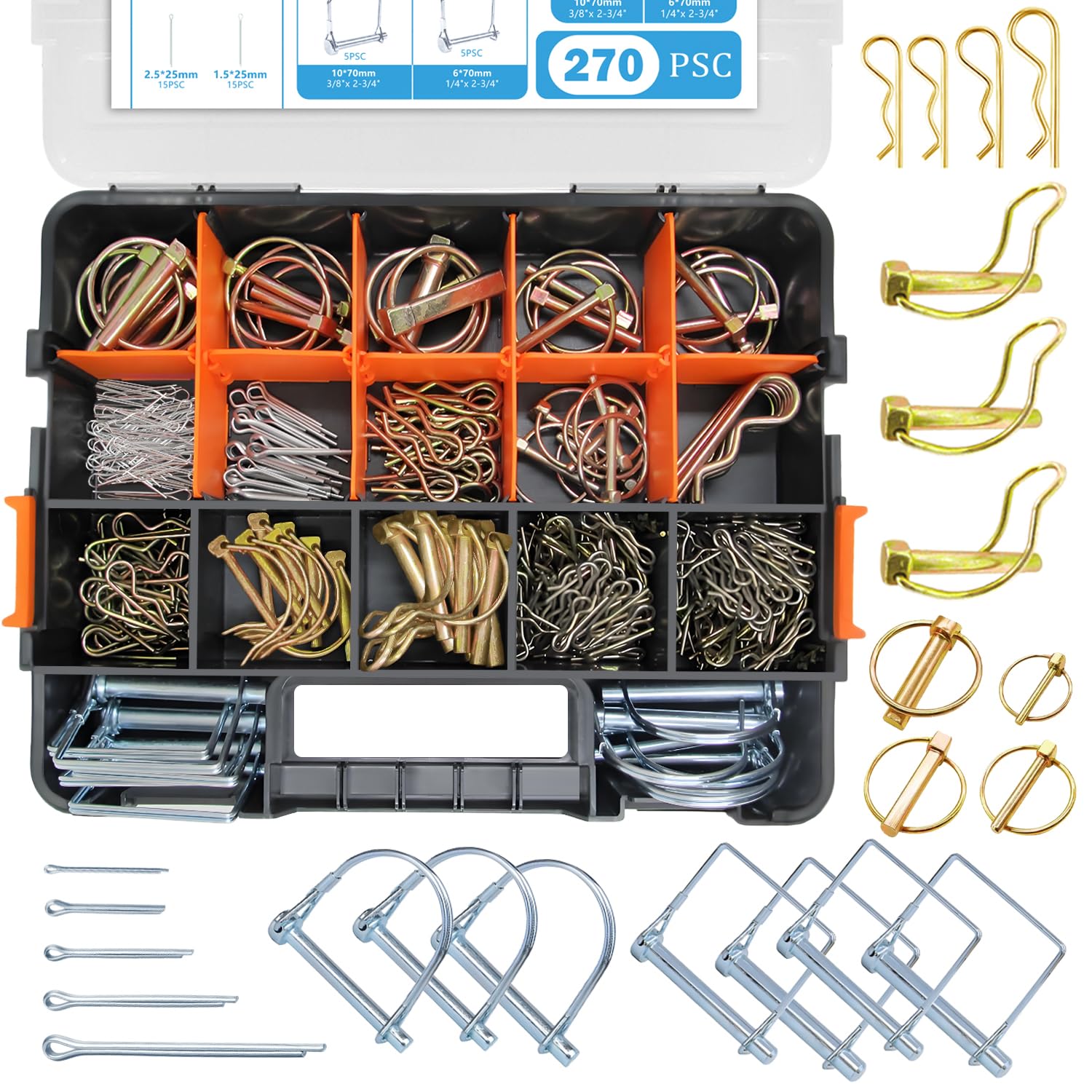 270PCS Heavy Duty Hitch Pin & Clip Pin Assortment Kit.Trailer Hitch pin,Cotter pin,PTO,R Clip,Double pins for Tractors,Trailer,Trucks,3 Point Accessories, Farm,Garden, Lawn Care Equipment.