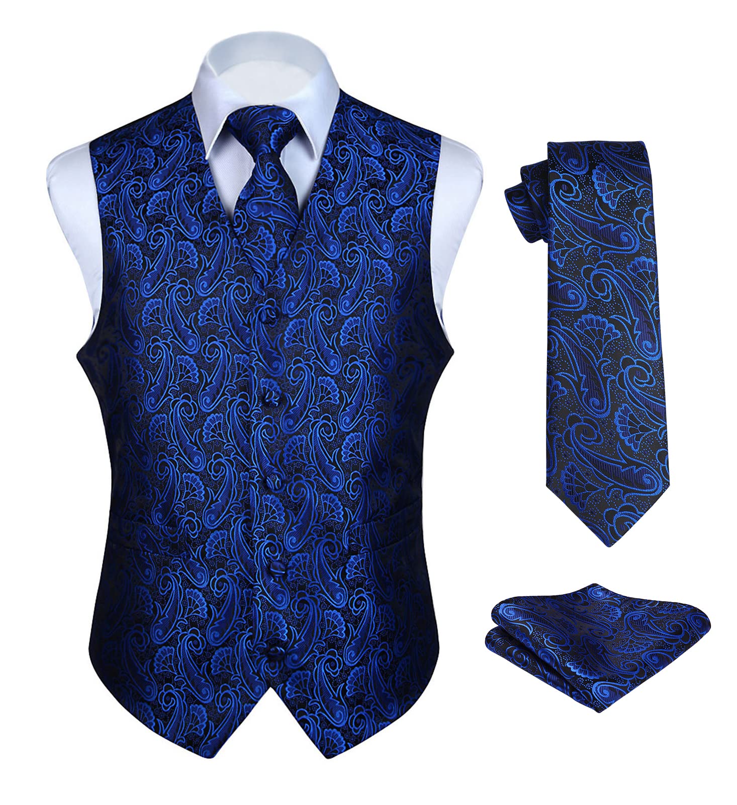 Enlision Men's Waistcoats Blue Paisley Waistcoat Tie Pocket Square Wedding Jacquard Suit Vest Set 4XL