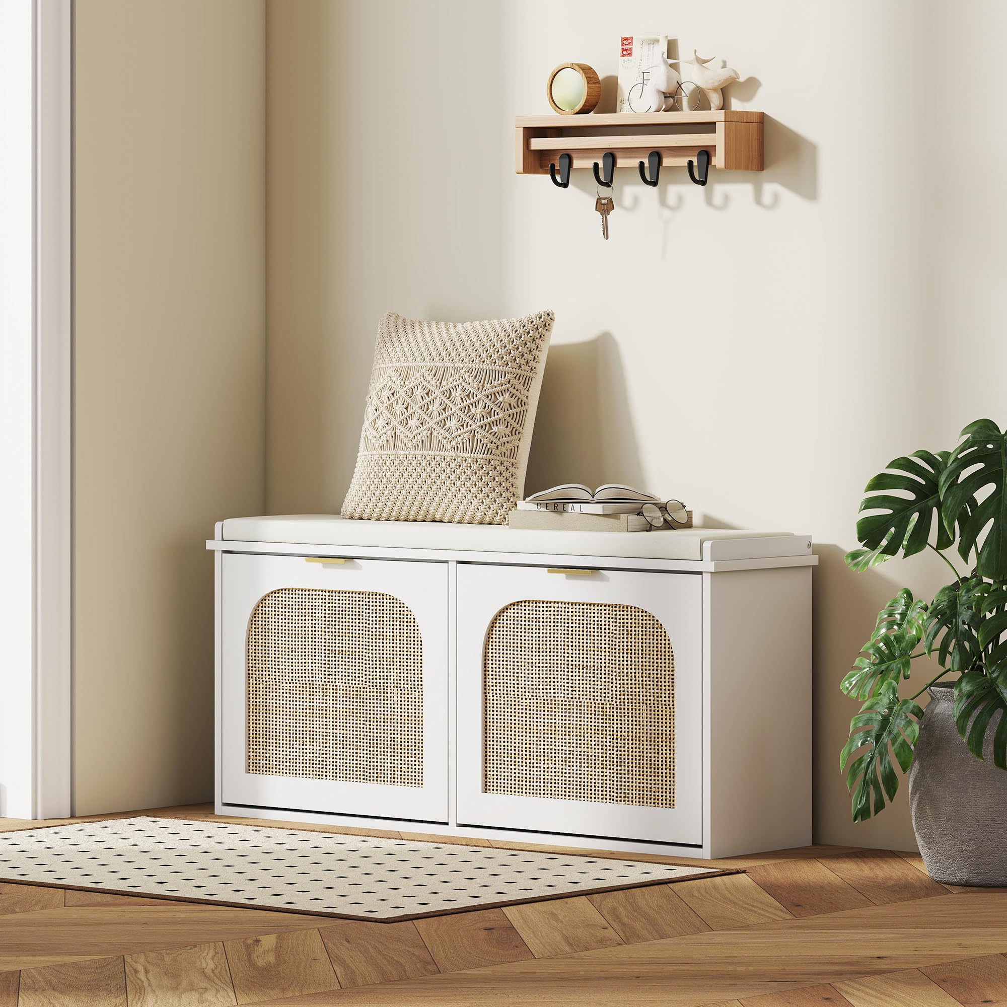 HOMCOM Banco estrecho para zapatos con asiento acolchado y 2 cajones abatibles, banco de almacenamiento de zapatos bohemio con puertas de ratán y estantes ajustables para pasillo, entrada, capacidad