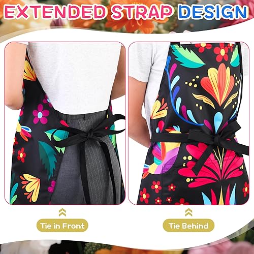 Miniatura 4 de Delantal mexicano para mujer, colorido fondo mexicano con flores y pájaros, delantal de cocina impermeable con bolsillos ajustables para cocina,