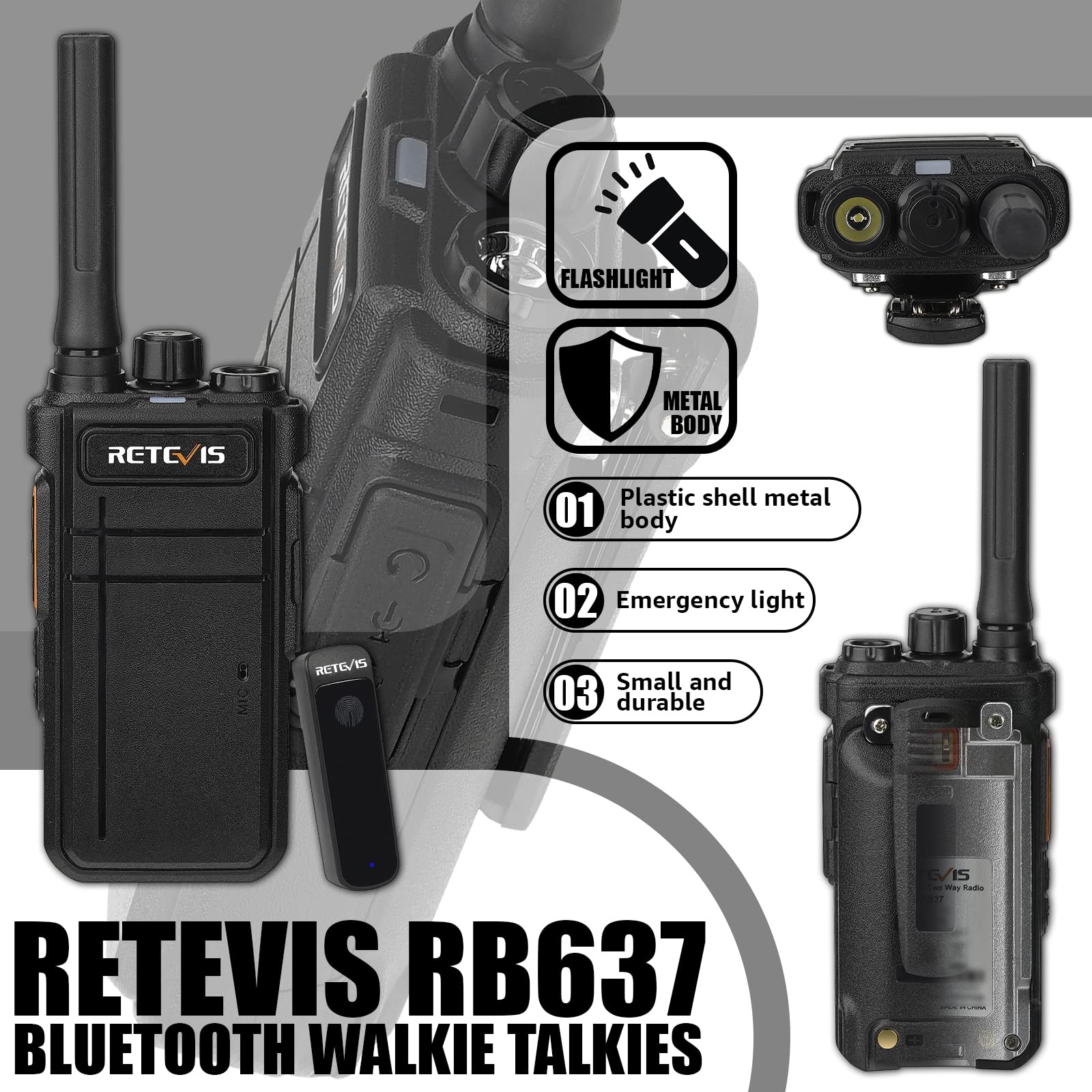 Retevis RB637 Bluetooth Radio Bidirezionale, Walkie Talkie con Auricolare Bluetooth, 2000mAh USB Ricaricabile, Torcia, PMR446 Walkie Talkie a Mani Libere con Wireless Copy Per i Ristoranti (nero, 1Pz)