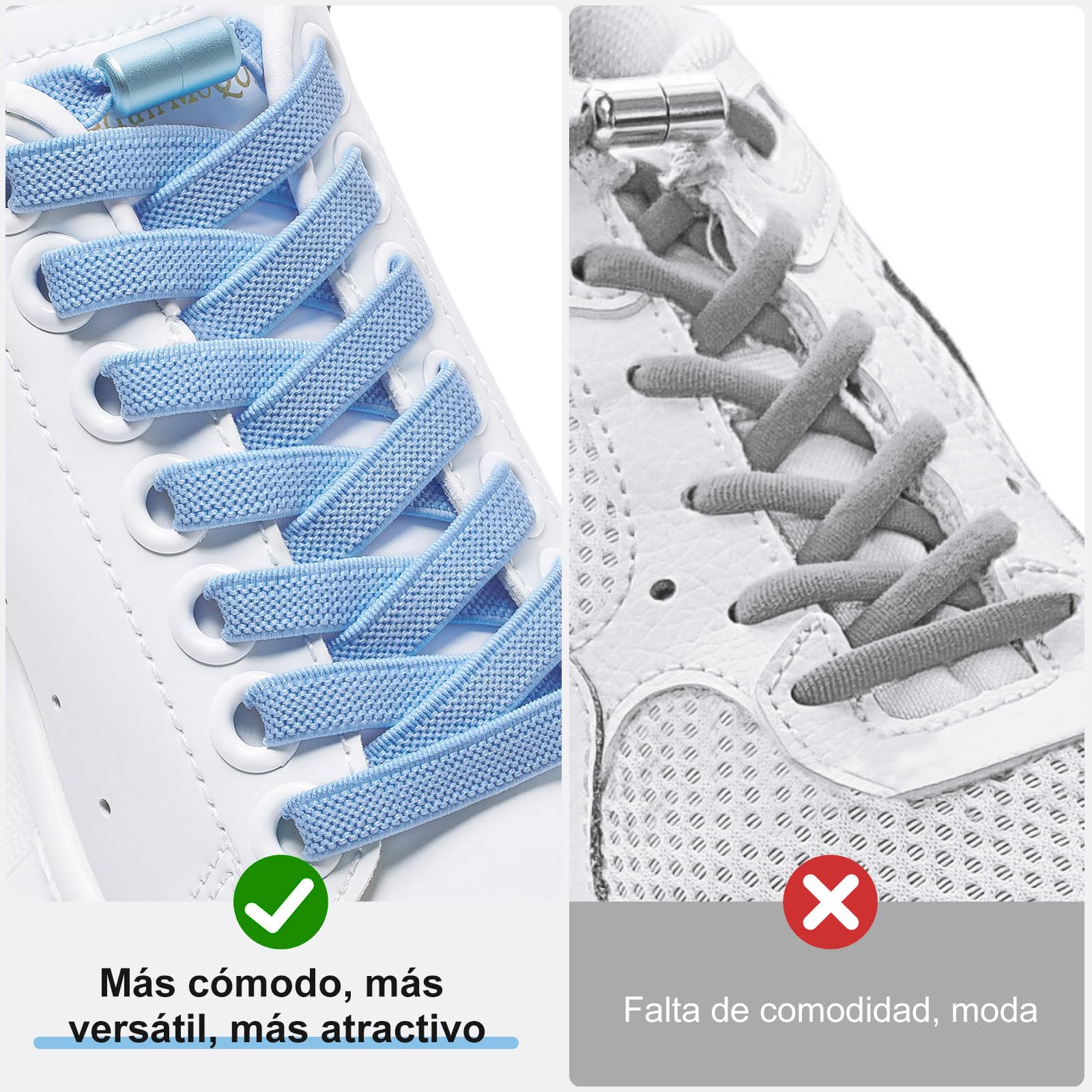 Cordones Elásticos sin Nudo con Hebilla Metal - 2 Pares Planos para Niños y Adultos