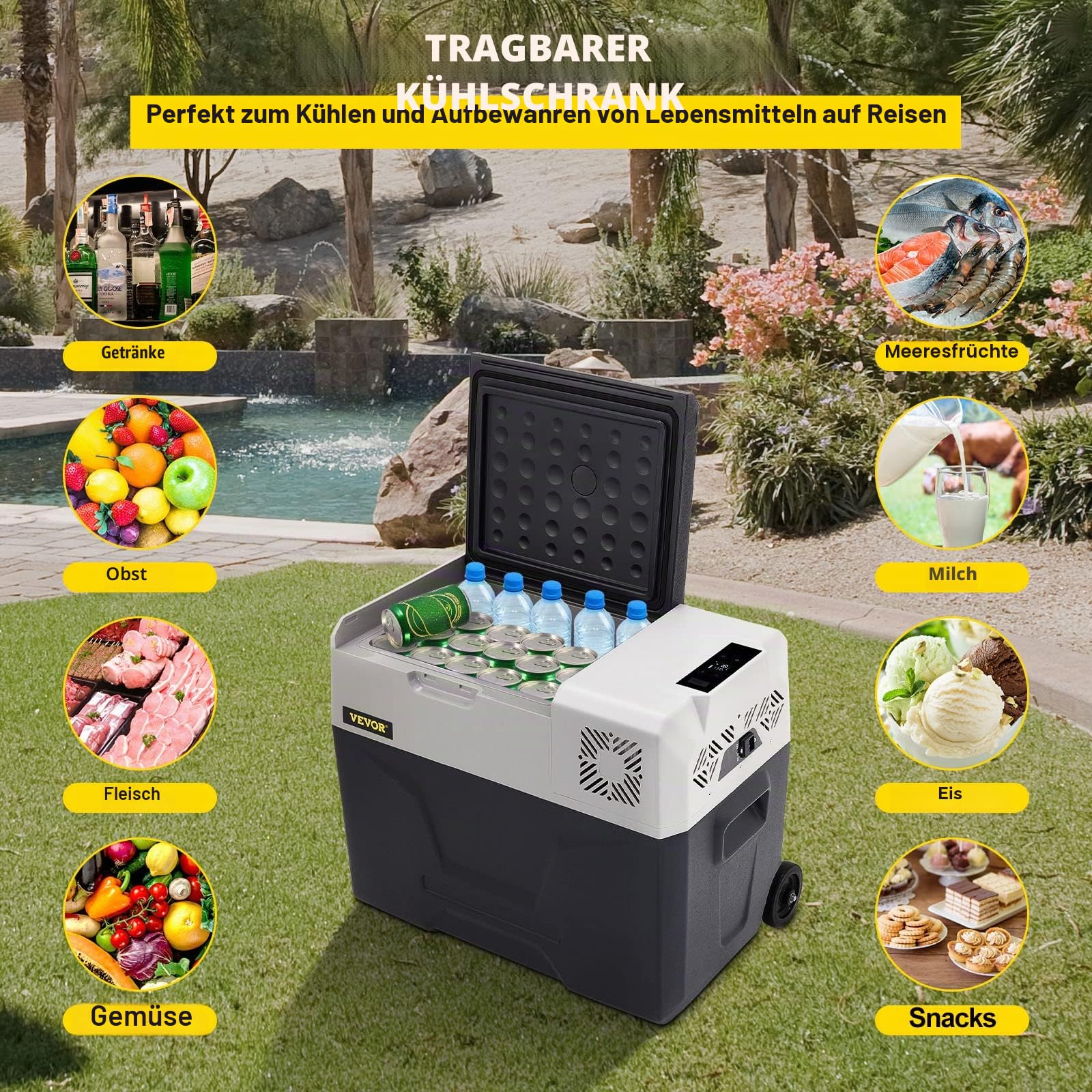 VEVOR Autokühlschrank Kompressor kühlbox Edelstahl Urlaub Isolierbox Mini Kühlschrank Kühlbox Auto und Steckdose (30L)