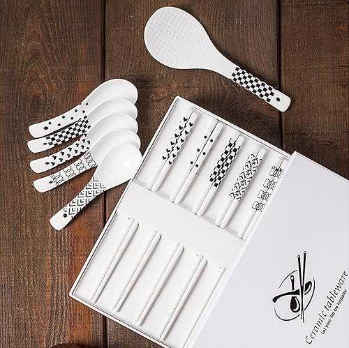 Miniatura 3 de Santentre Palillos de cerámica reutilizables aptos para lavavajillas, patrón minimalista, juego de palillos antideslizantes con cucharas de