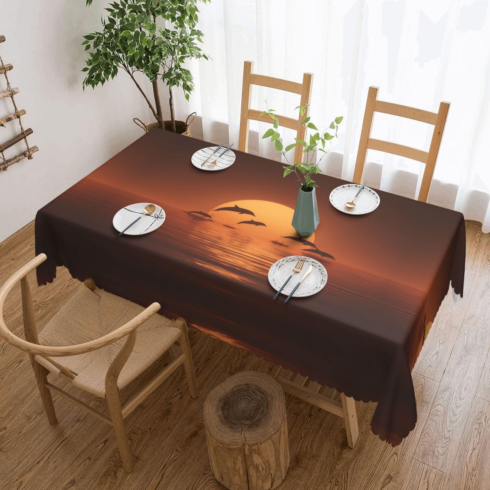 QAZWZML Sunset Dolphin Printed tablecloth, made of thick polyester with lace trim, suitable for dining rooms, picnics, and weddings