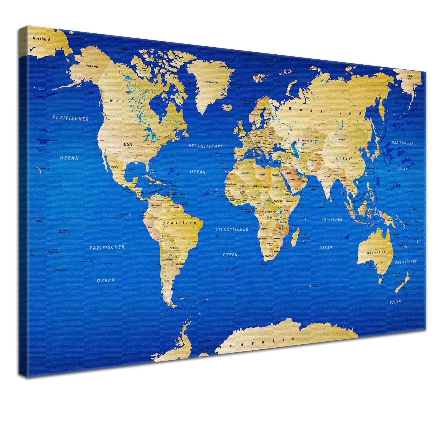 LANA KK - Premium Pinnwand Weltkarte - Blau - Deutsch - in 100 x 70 cm, stabile Rückwand zum Pinnen inkl. Starterkit - Leinwand-Kunstdruck Wandbild Landkarte XXL