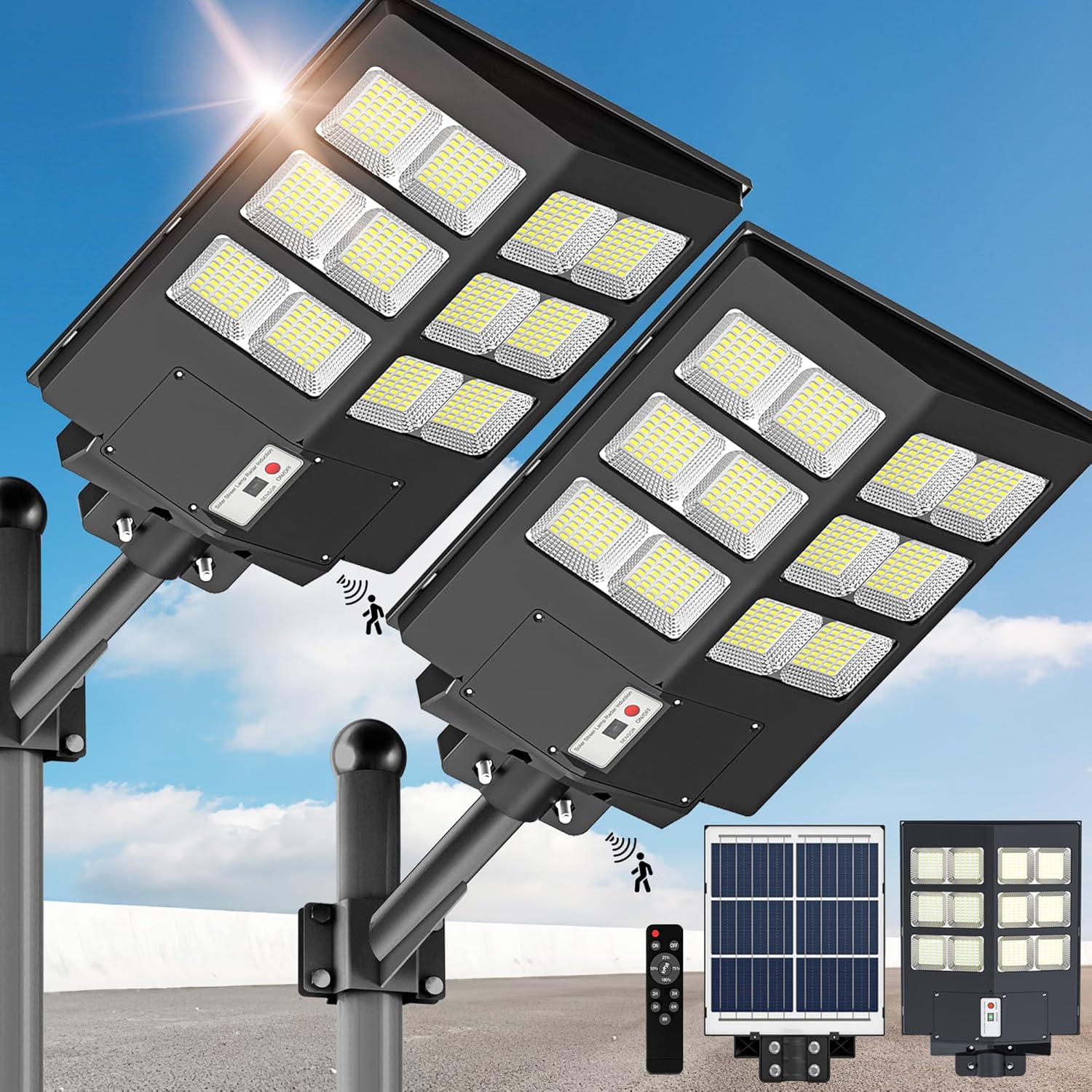 2 Pack Solar Street Lights Outdoor - 5000W Wide Angle Solar Lights Outdoor, Parking Lot Dusk to Dawn, 6500K Powered with Motion Sensor for Yard, Stadium