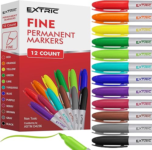 EXTRIC Marcadores permanentes, colores surtidos, 12 marcadores de punta fina, secado rápido, impermeables, funcionan en papel, plástico, madera,