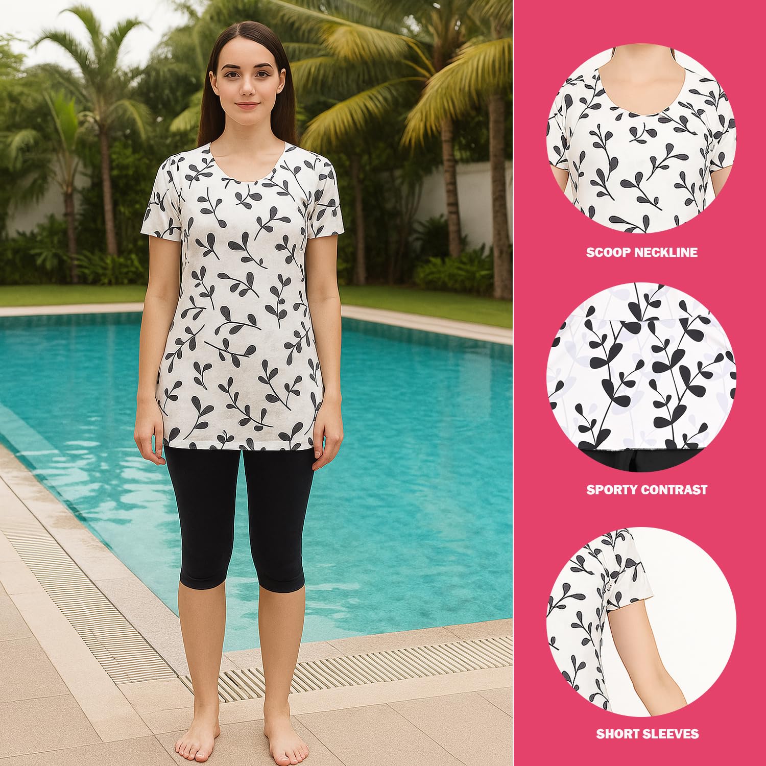 Hacer Frock Style Swimwear with Ethnic Printed Padde Half Sleeve Bodysuit Swimming Costume Knee Length Two Piece Swimsuit for Pool Beach Women (S, 32, Off-White-Black) 2