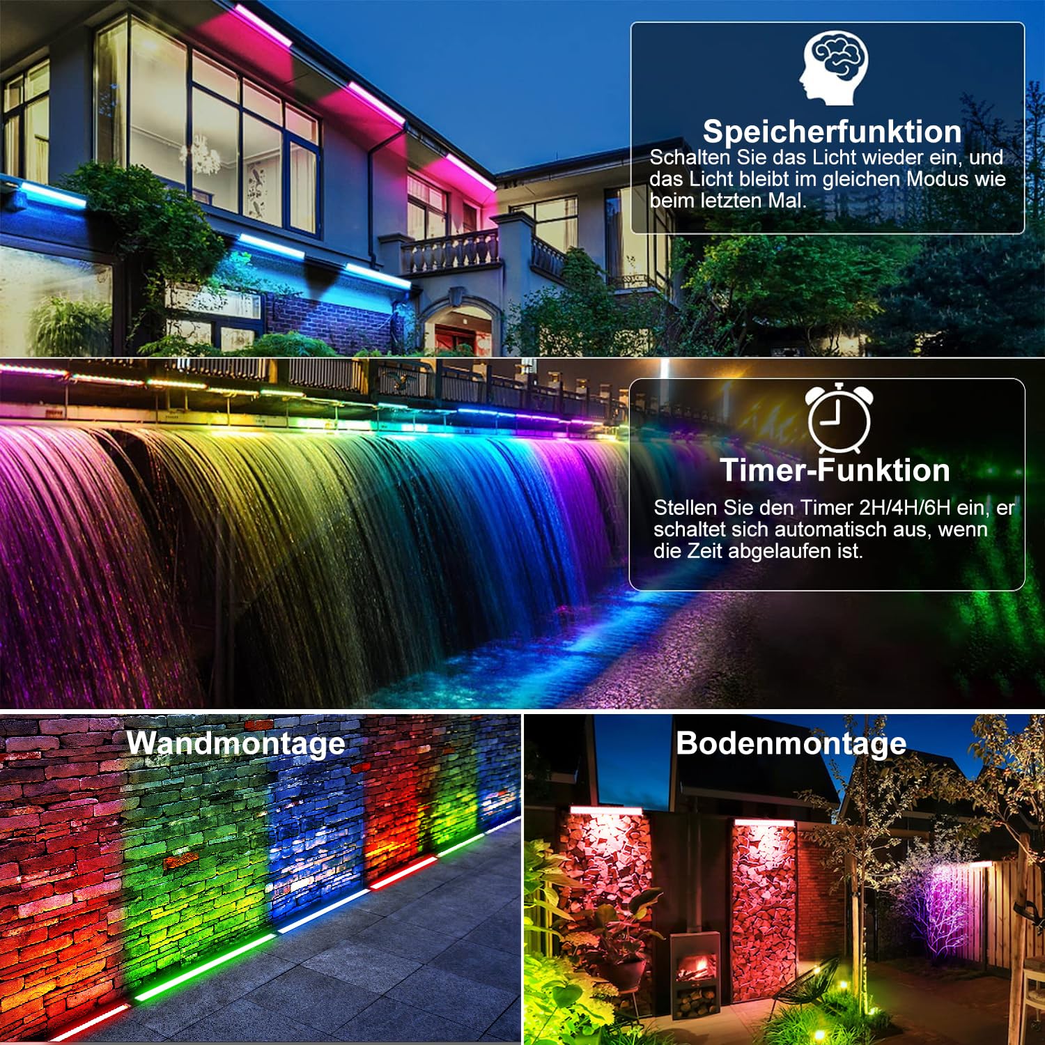 MEIHUA Solar RGB Strahler Wallwasher Farbig 10 Farbe 30 Modi Timer 2 Helligkeit Solar Gartenleuchte Bunt 6000mAh IP66 Wasserdicht Solarlampen für Außen Farbewechsel Garten Party DJ Karneval, 4 in 1
