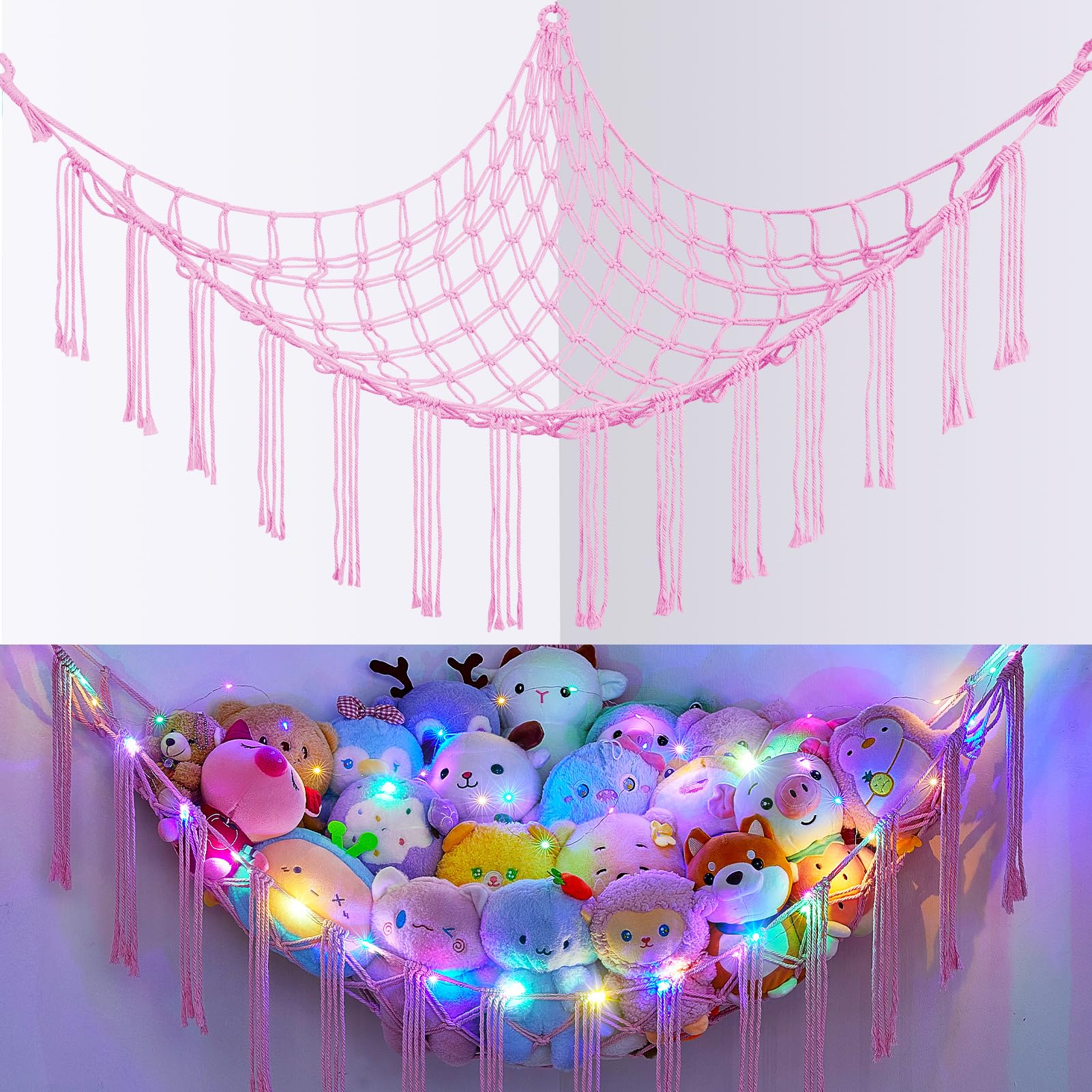 Basumee Stuffed Animals Net or Hammock with LED Light, Hanging Stuffed Animals Storage Toy Hammock Net Corner Wall Girls Room Decor Toy Storage Organizer, Pink, L