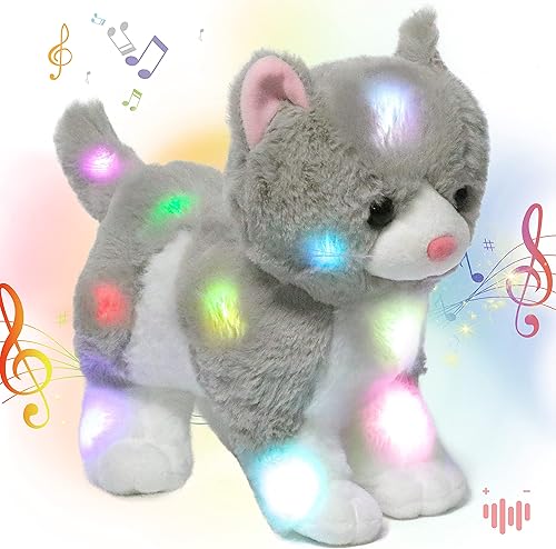 Hopearl Gatito de peluche con luces LED, flexible, con luces de noche que brillas en la oscuridad , para festival, cumpleaños, niños pequeños, gris,