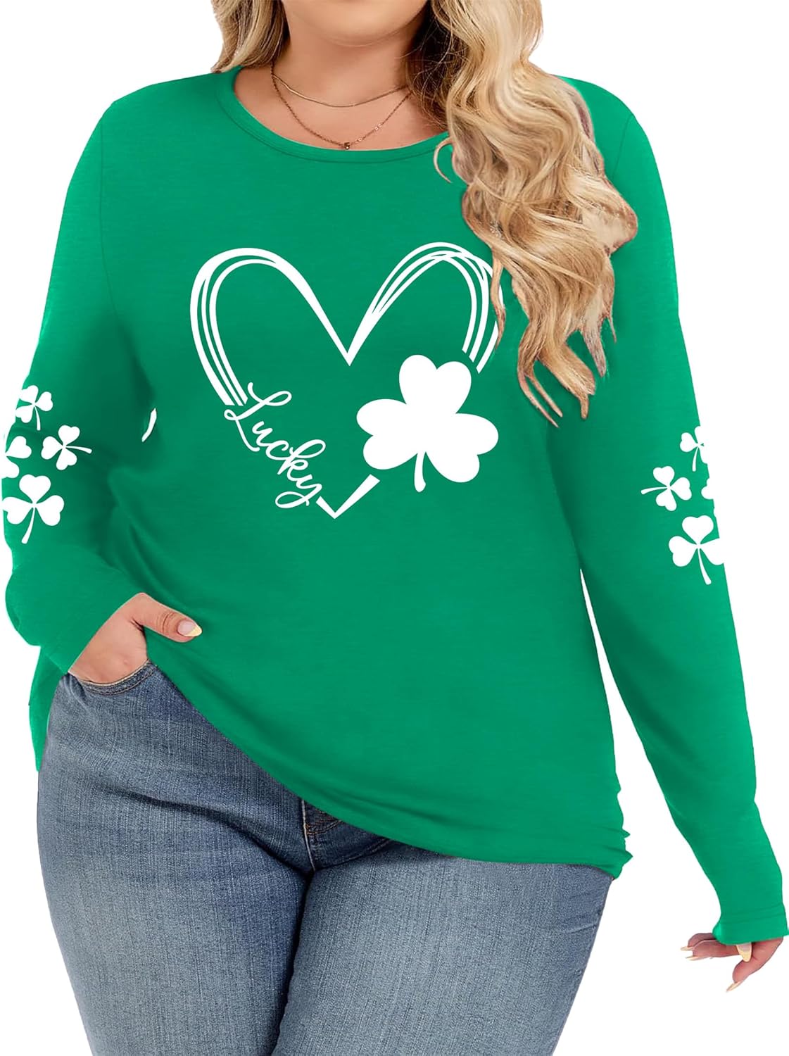 Plus Size St Patrick's Day Shirt Women Lucky Shamrock Tshirt Saint Patricks Day Tee Green Clover Long Sleeve Tops - Image 2
