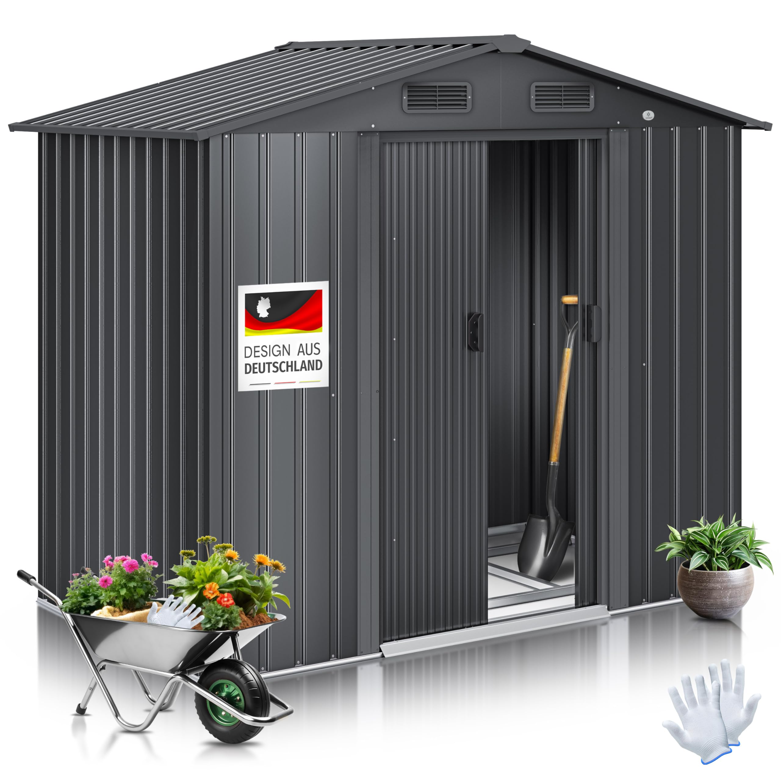 KESSER® - Cobertizo metálico XL para Herramientas 4,2m³ con cimentación | Incl. Guantes de Trabajo | 182x118x186 cm | 2X Puerta corredera y cimentación | Cobertizo de jardín