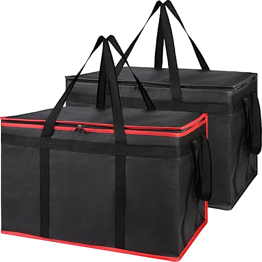 Bodaon 2-Pack Insulated Food Delivery Bag, XXX-Large Meal Grocery Tote Insulation Bag for Hot and Cold Food, Commercial Warming, Large Capacity Reusable Shopping Bags, Cooler Bags (Black + Black-Red)