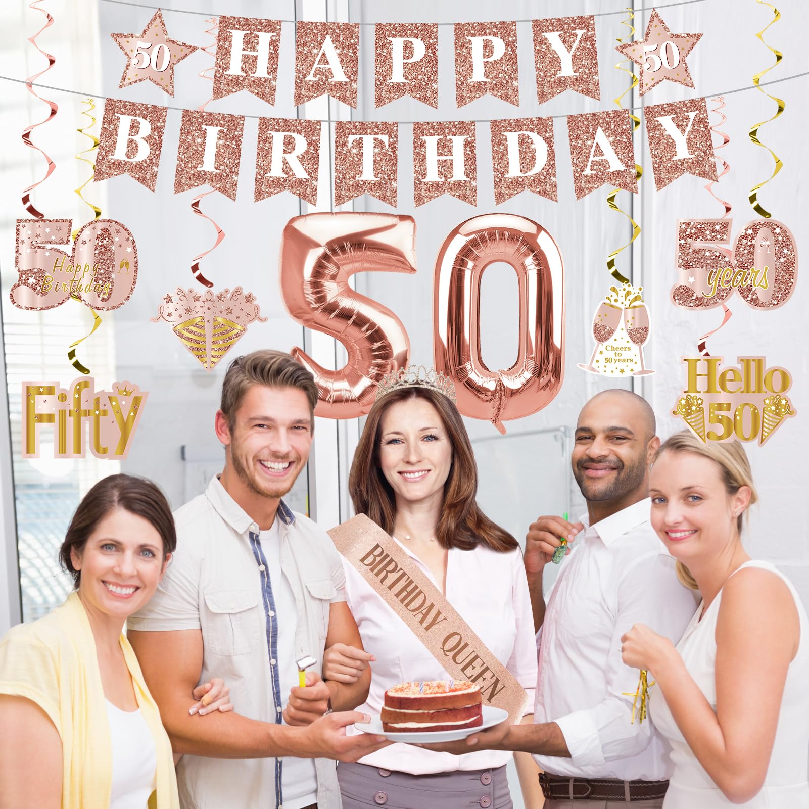 Amazon.com: 50th Birthday Decorations for Women, Crown and Sash Pink Rose  Gold Happy 50th Birthday Banner Hanging Swirls Balloons Party Supplies  Decor Kit : Home & Kitchen