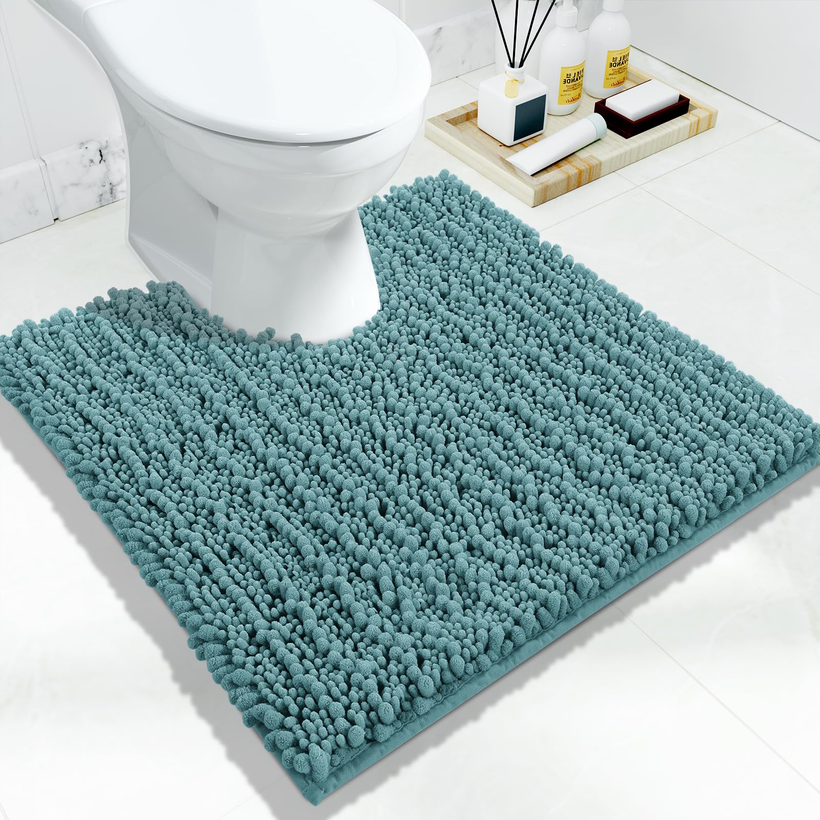 Yimobra Toilet Rug U Shaped Washable 24x24 Inch - Ultra Soft Absorbent Chenille Bath Rugs for Toilet, Quick Dry & Machine Washable, Non Slip Contour