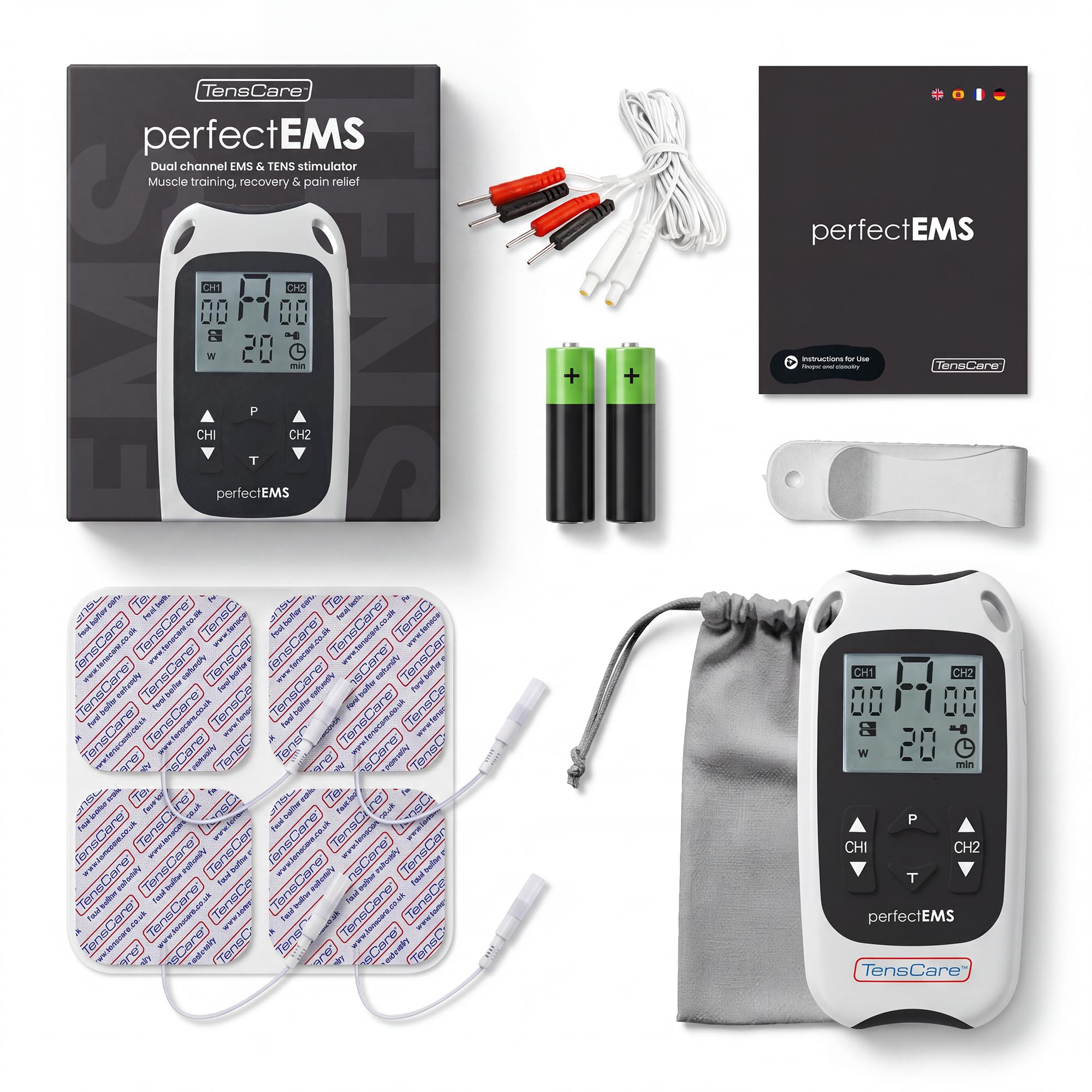 Tenscare Perfect EMS– Stimolazione Muscolare e Trattamento del Dolore in un Dispositivo di Elettroterapia (TENS e EMS) - perfetto per la manutenzione, la tonalizzazione e il rafforzamento dei muscoli | Programmi dedicati per allenamento, tonificazione, re