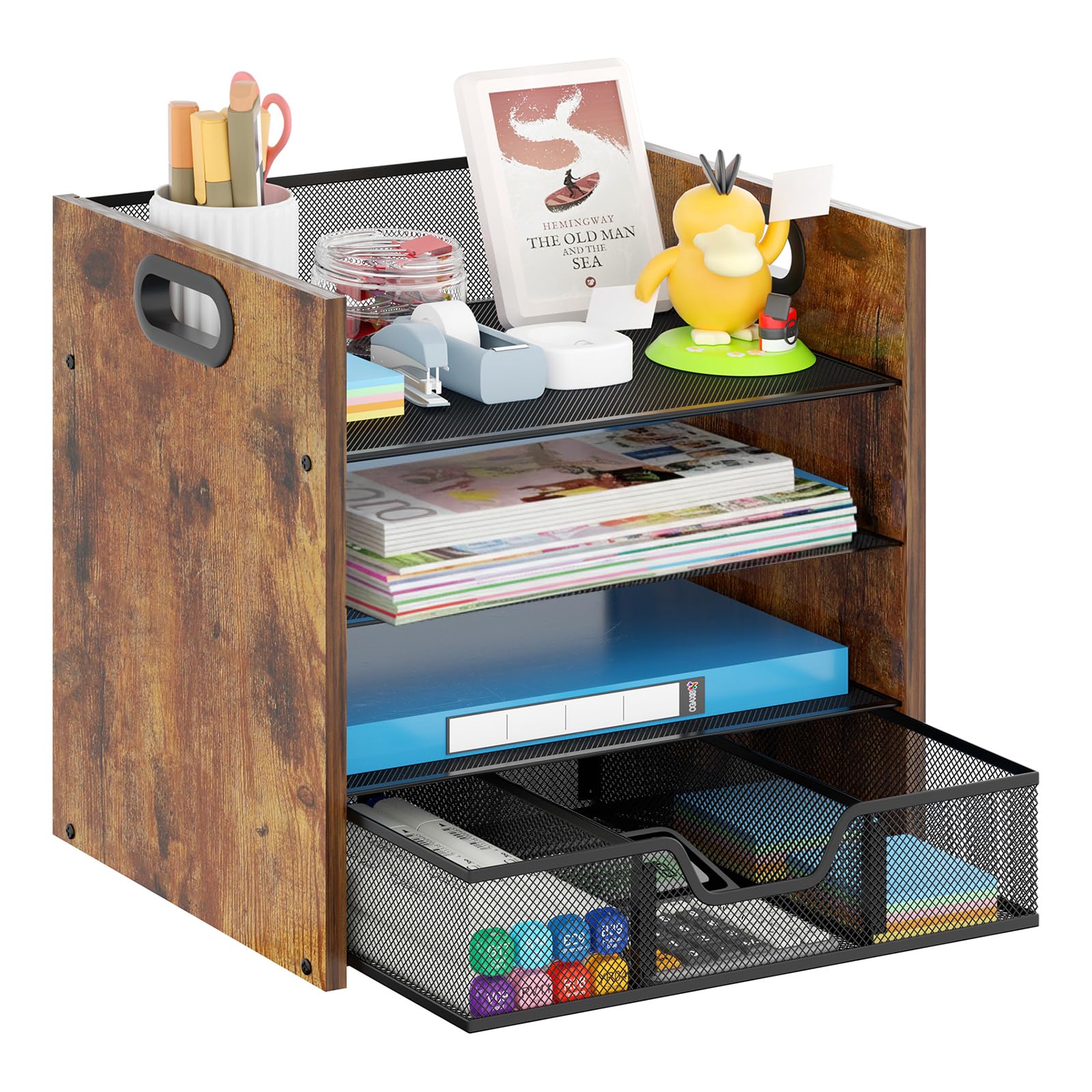 Schreibtisch-Organizer aus Holz – 4-stöckiger Schreibtisch-Organizer mit Schublade, Holz-Papierablage, Büro-Schreibtisch-Organizer für Papiere, Post, Notizbücher, Schreibwaren