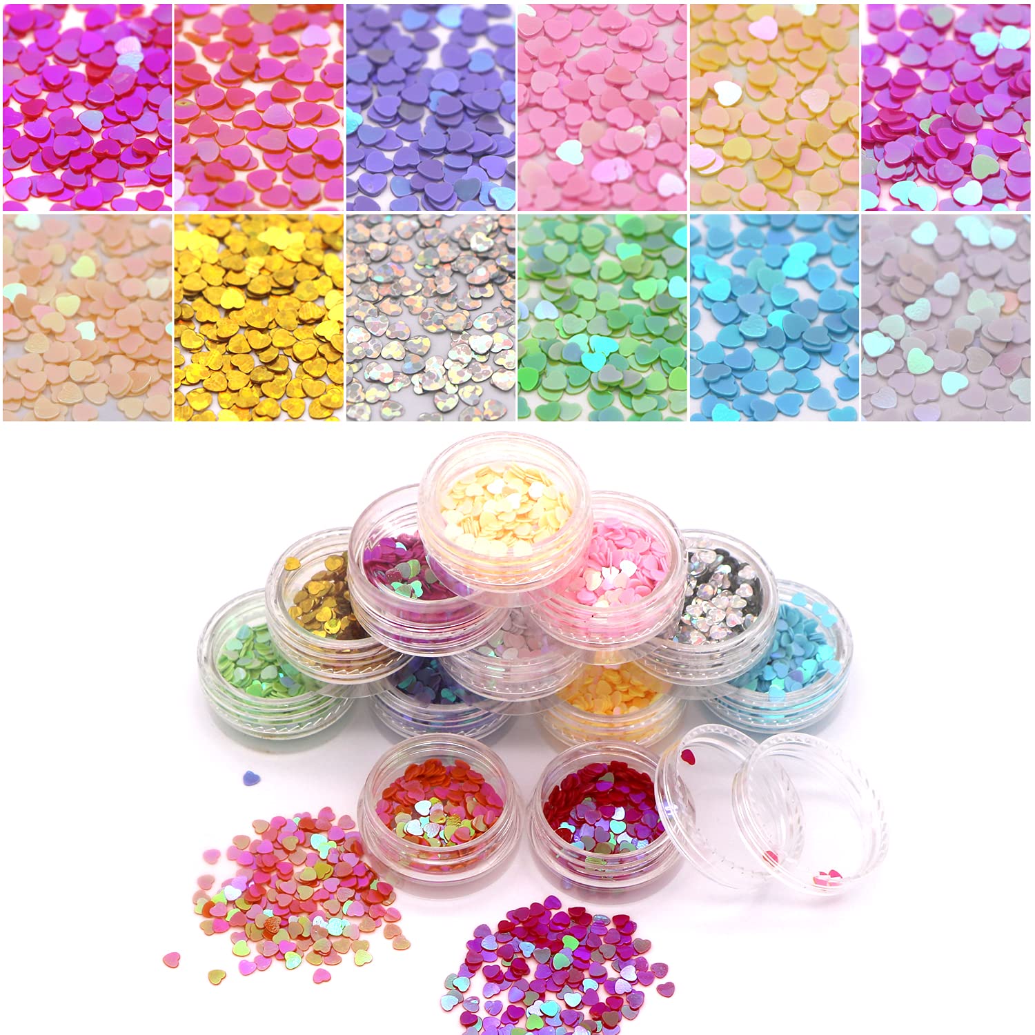 Nail Glitter 12 Boxes Nail Art Flakes Hexagon Confetti Festival Glitter Colorful Chunky Glitters for Hair Face and Eye Make Up Foil Flakes (12Colors,Heart-shaped)
