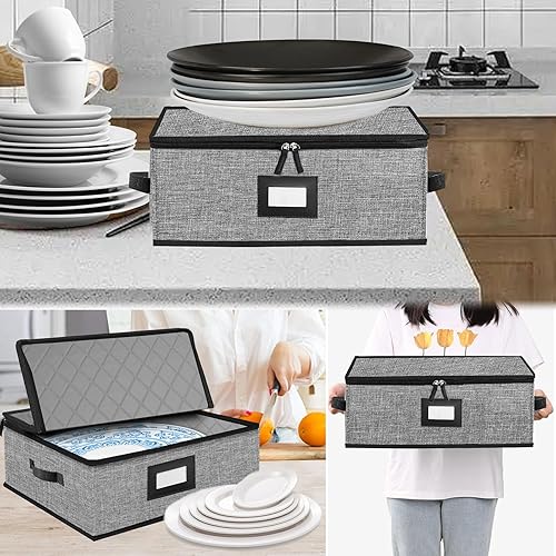 Miniatura 8 de Estuche de almacenamiento acolchado para platos, paquete de 2 contenedores de almacenamiento de porcelana fina, carcasa rígida para organizar,