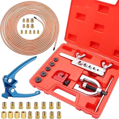 Tnisesm Kit de línea de freno con revestimiento de cobre 316 de 25 pies + doblador de tubo azul + línea de freno de aluminio de cobre, kit de