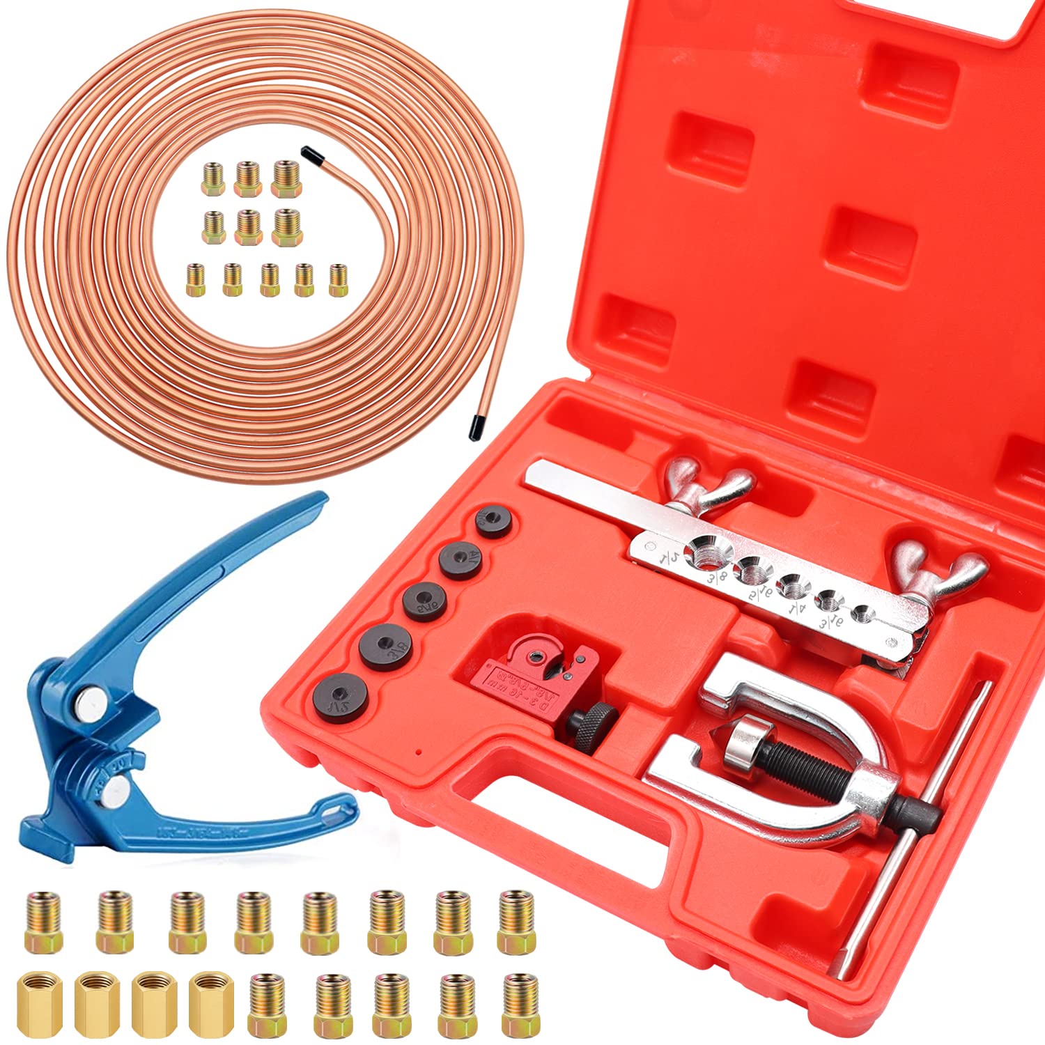 Tnisesm 3/16 Copper Coated Brake Line Kit 25 ft + Blue Tube Bender+ Copper Aluminum Brake Line Double & Single Flaring Tool Kit,Consisting of 4 Unions