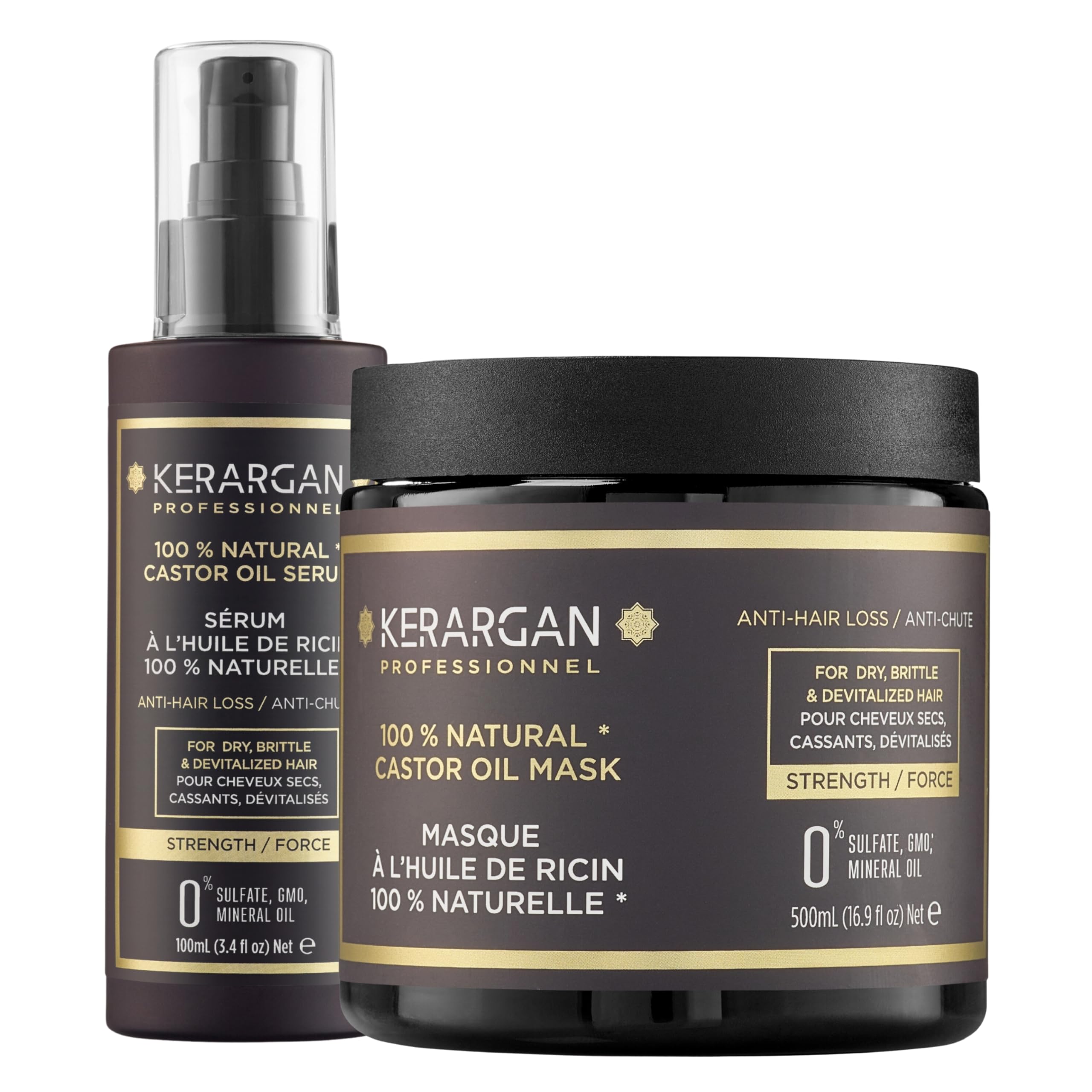 KERARGAN - Duo Ricino: Maschera e Siero Antirottura - 500ml+100ml | Maschera e siero all'olio di ricino per nutrire le lunghezze, proteggere le punte e ridurre la rottura