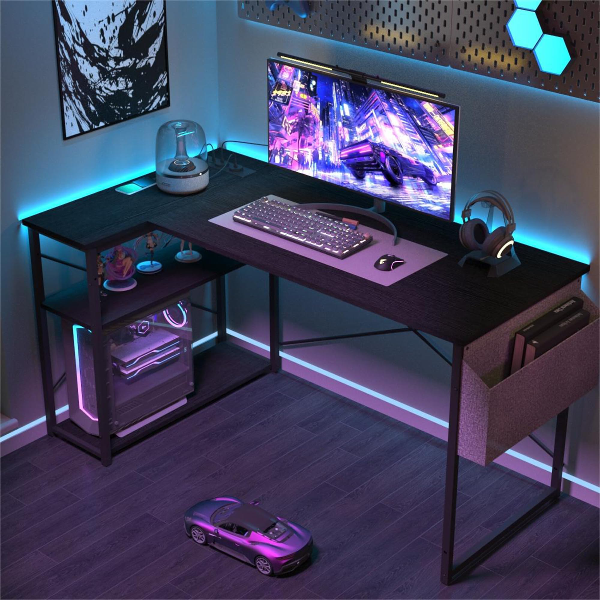 BEXEVUE Modern Desk Power Outlets LED - 120x50cm Gaming Computer Table, Keyboard Tray 4 Reversible Drawers, Large Storage Bookshelf Workstation for Study Play Work Sleep Room Home Office