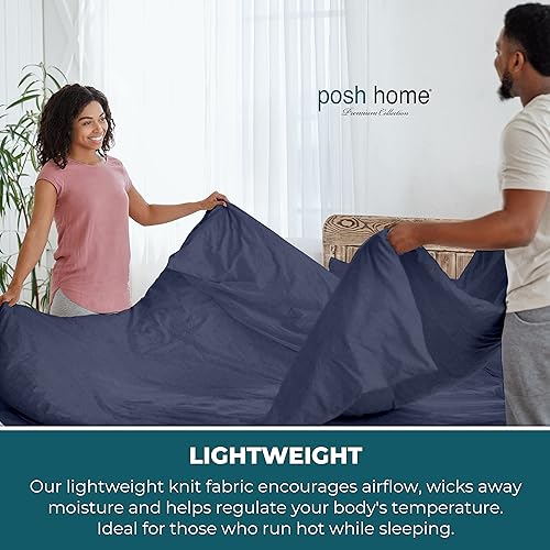 Miniatura 4 de Posh Home Juego de sábanas de jersey de 4 piezas, tamaño King, azul marino camiseta transpirable y suave, mezcla de algodón, incluye sábana