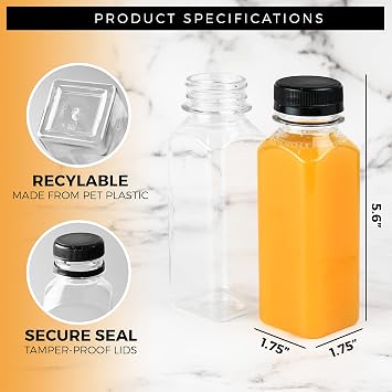 NYHI 20 Count Clear Plastic Juice Bottles with Tamper Evident Caps Reusable Empty Drink Containers with Caps for Juicing, Smoothies Water Iced Tea Lemonade Other Beverages 8 oz