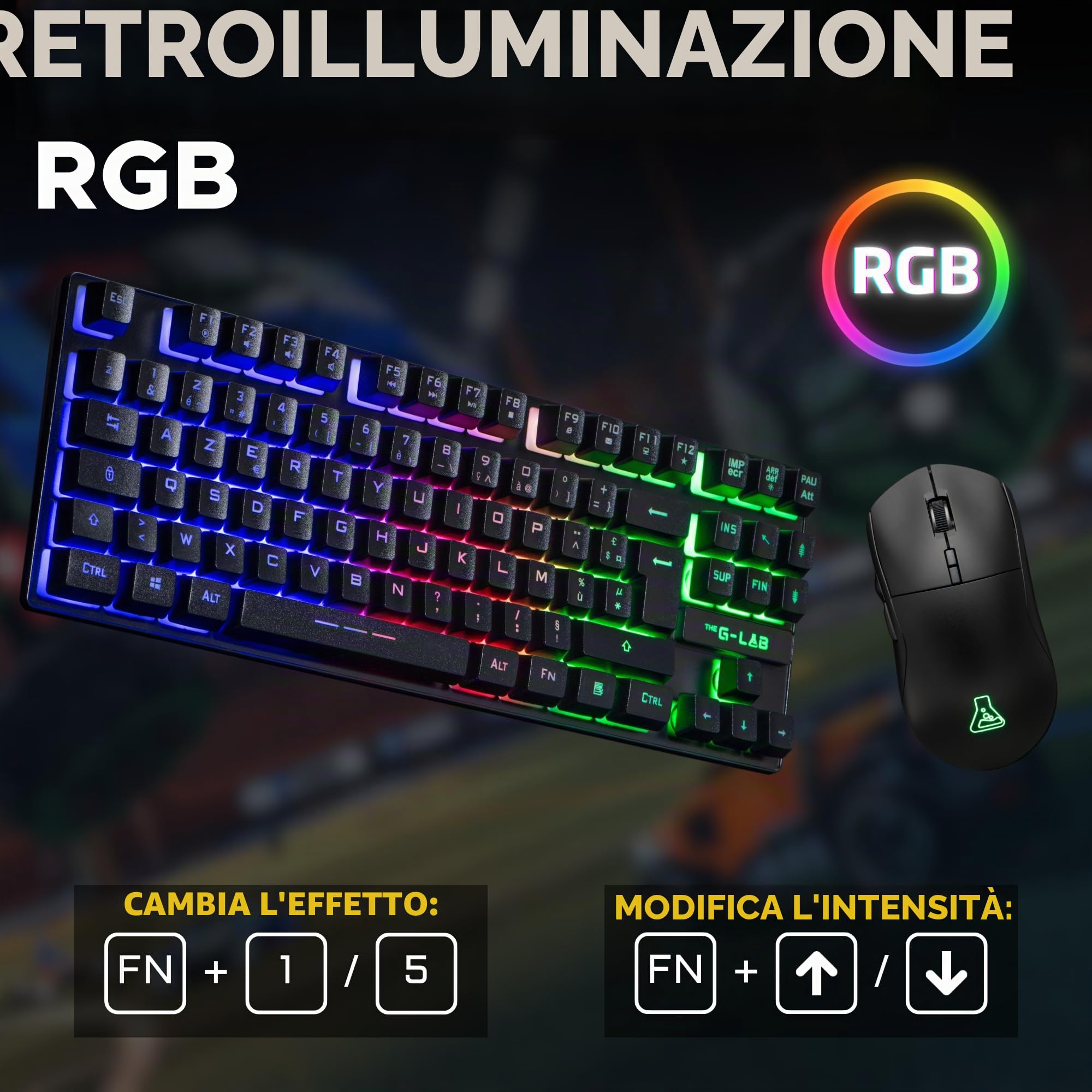 The G-Lab - Combo Oxygen EX - Set di tastiera e mouse wireless Gaming con LED RGB - Tastiera Gaming wireless in formato TKL, Layout spagnolo e mouse da gioco wireless, 3200 dpi - PC/PS4/PS5 - Nuovo