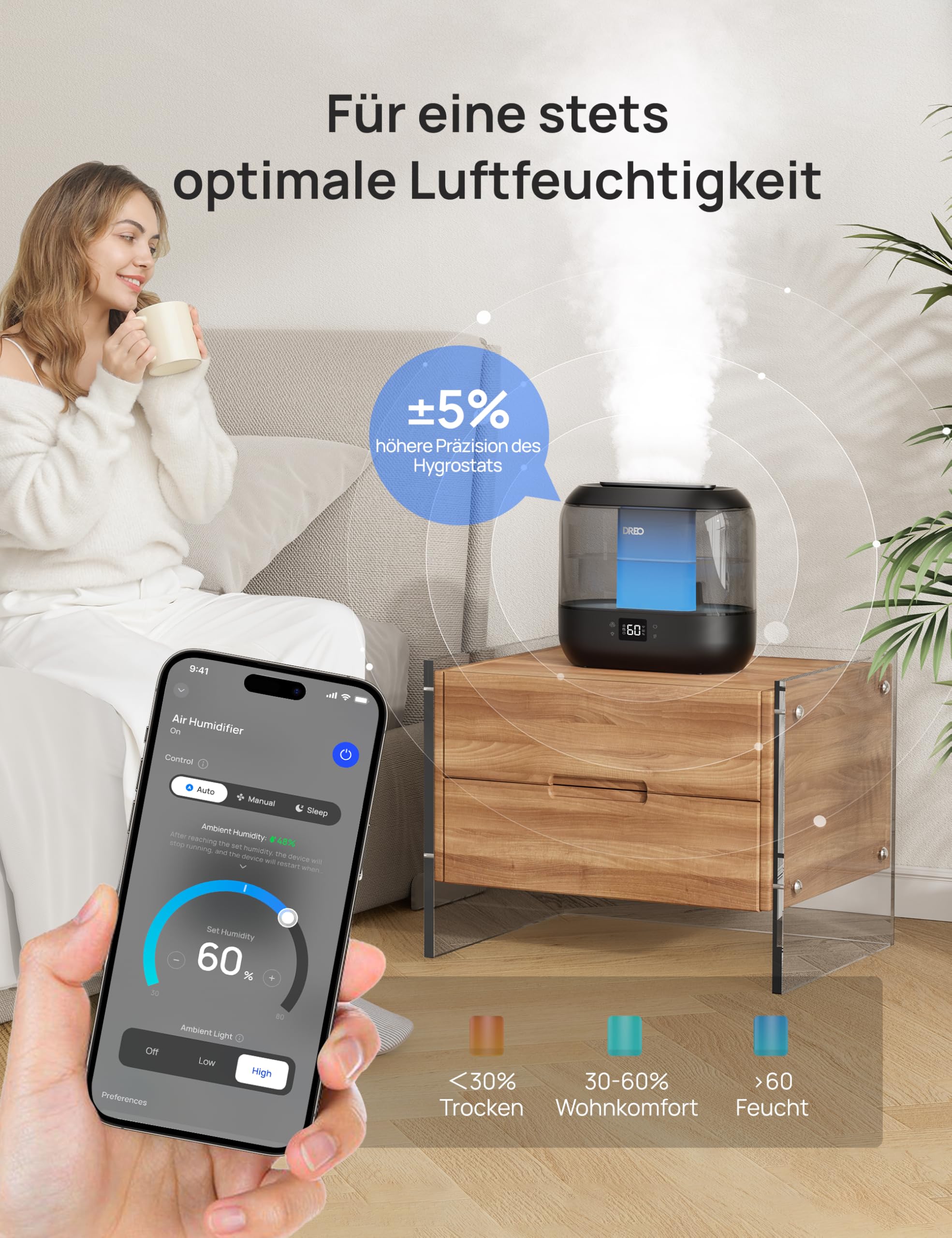 Dreo Smart Luftbefeuchter 4L, oben befüllbarer Kühler Nebel Humidifier mit Öl Diffusor und Nachtlicht, 36h Laufzeit, leiser Ultraschall