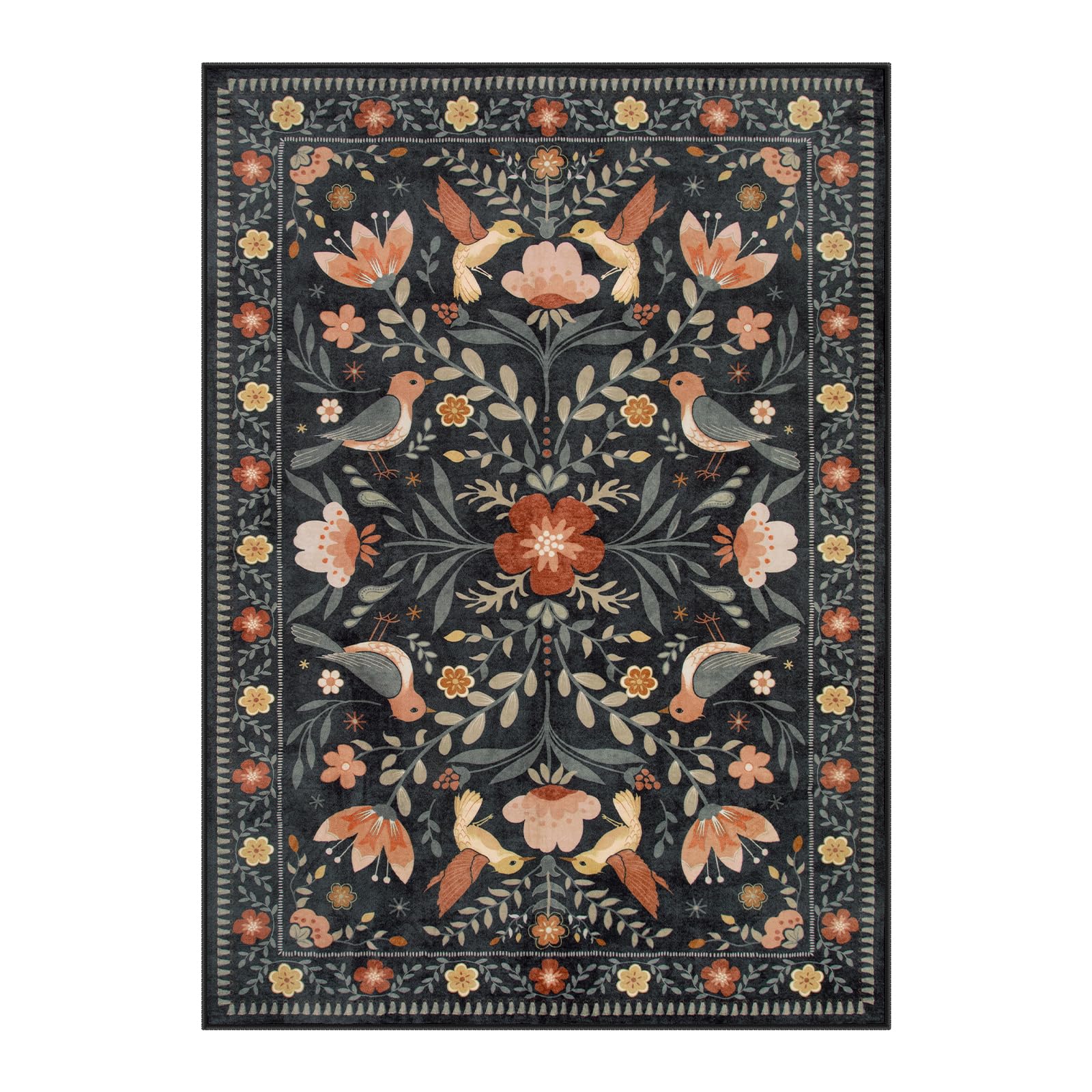 Moynesa Bedroom Rug 5x7, Washable Modern Transitional Black Area Rugs for Living Room Dining Room, Farmhouse Floral Bird Print Carpet, Folk Art Home
