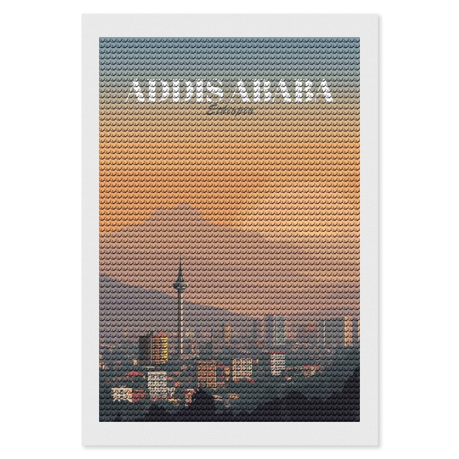 Junmoney Addis Ababa, Ethiopia Cityscape Art Diamond Painting Set 8"x12", Sparkling Round Gems, Decorate Your Room, Fun Craft Experience, Modern Decor