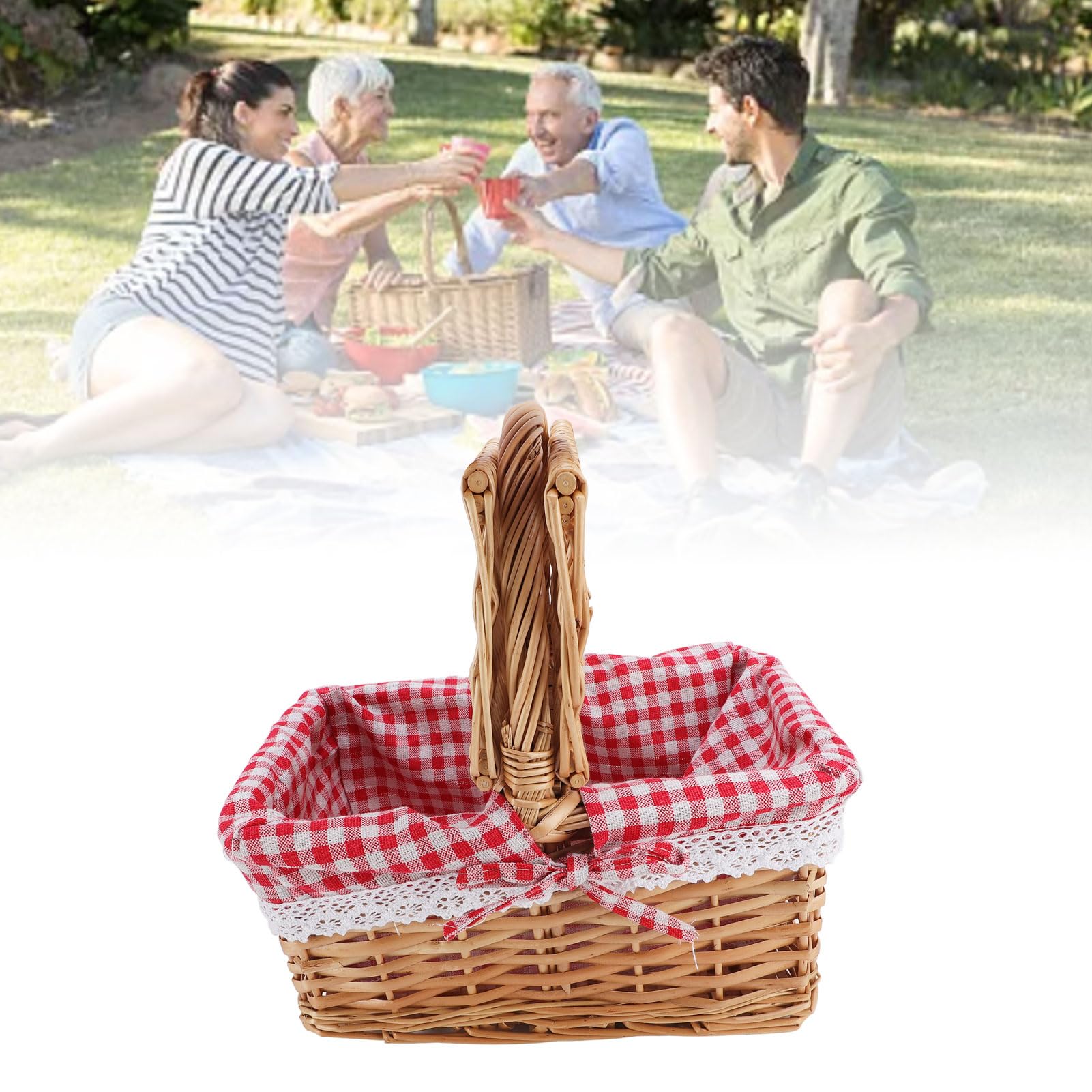 Cesta de Mimbre para Picnic, ratán Premium con Tapa, multifunción para jardín, Cosecha, Flores, Frutas y Verduras (Plaid Rouge)