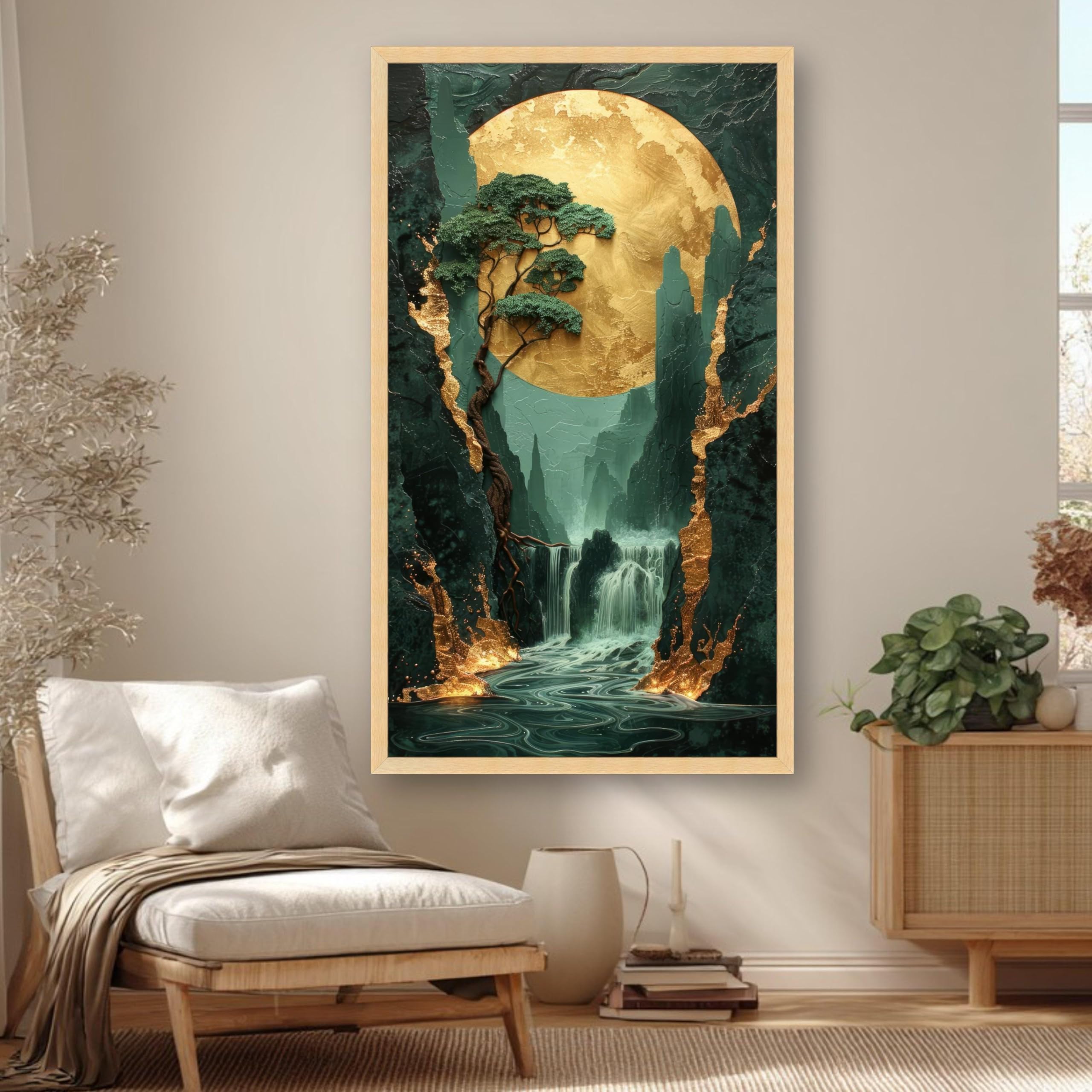 TONGYINLI Vintage Waterfall Canvas Wall Art, Golden Moon Landscape Painting, Abstract Nature Scene Artwork, Forest Posters(65x120cm/Frameless)