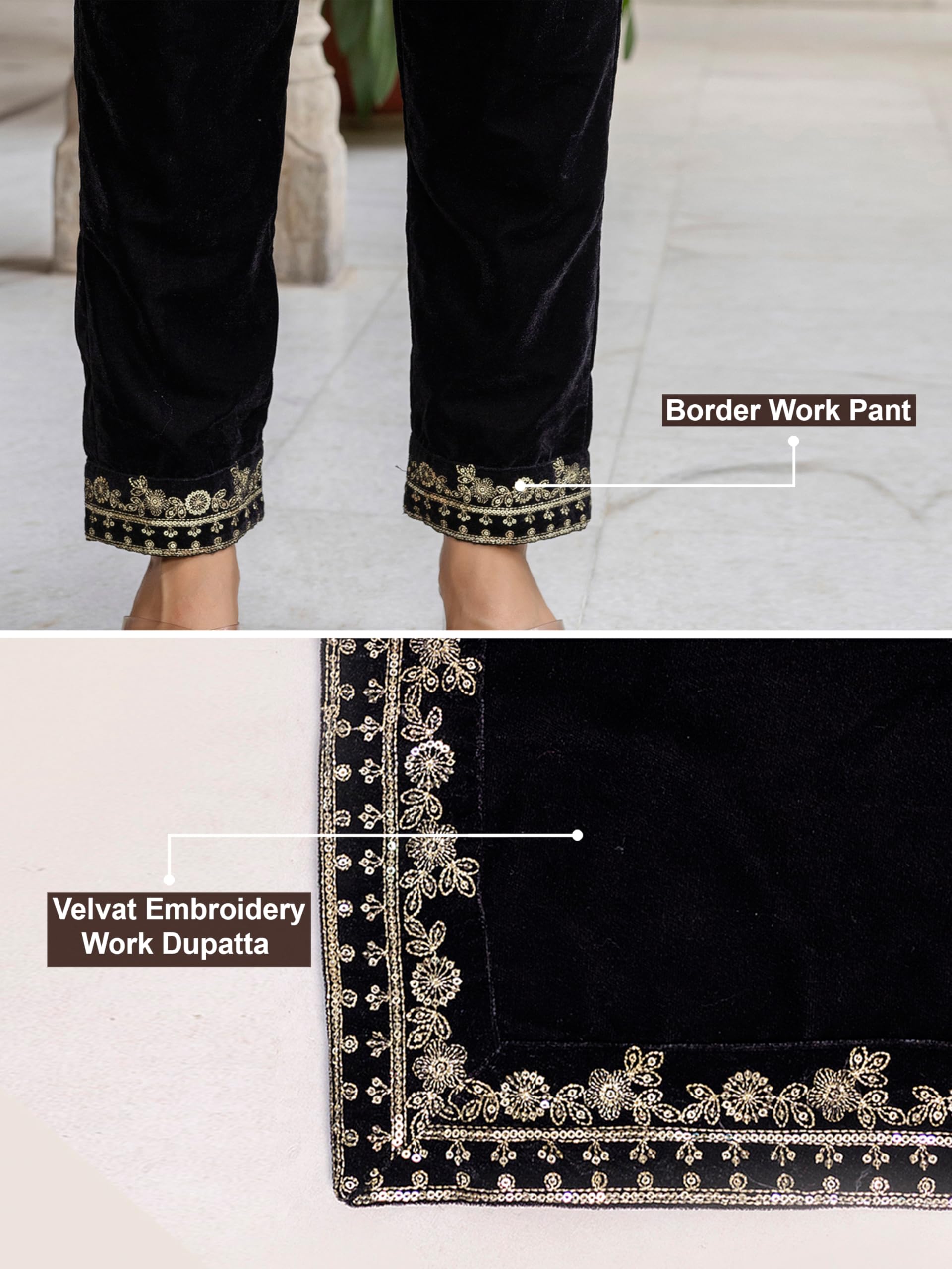 TRENDMALLS Damen Samt Stickerei Salwar Anzug Set A Linie Kurta Hose mit Dupatta Schwarz Kurta Set für Frauen