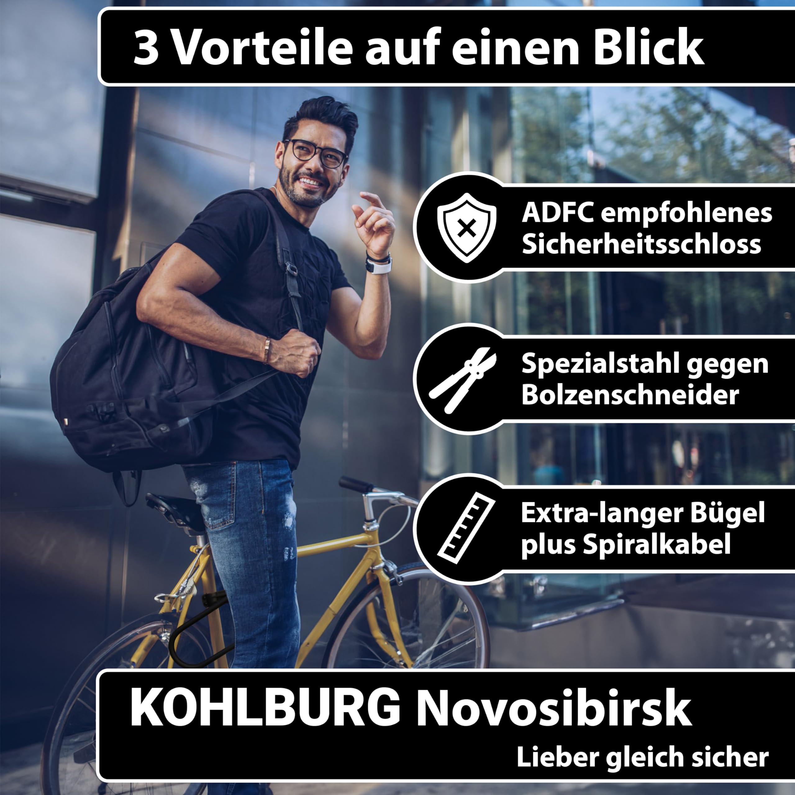 KOHLBURG Sicherheits- Bügelschloss höchste Sicherheitsstufe 15/15 mit 170 cm Kabel - sicheres Bügel Schloss groß mit Halterung für E-Bike & Fahrrad - Fahrradschloss hohe Sicherheit - U Lock Bike