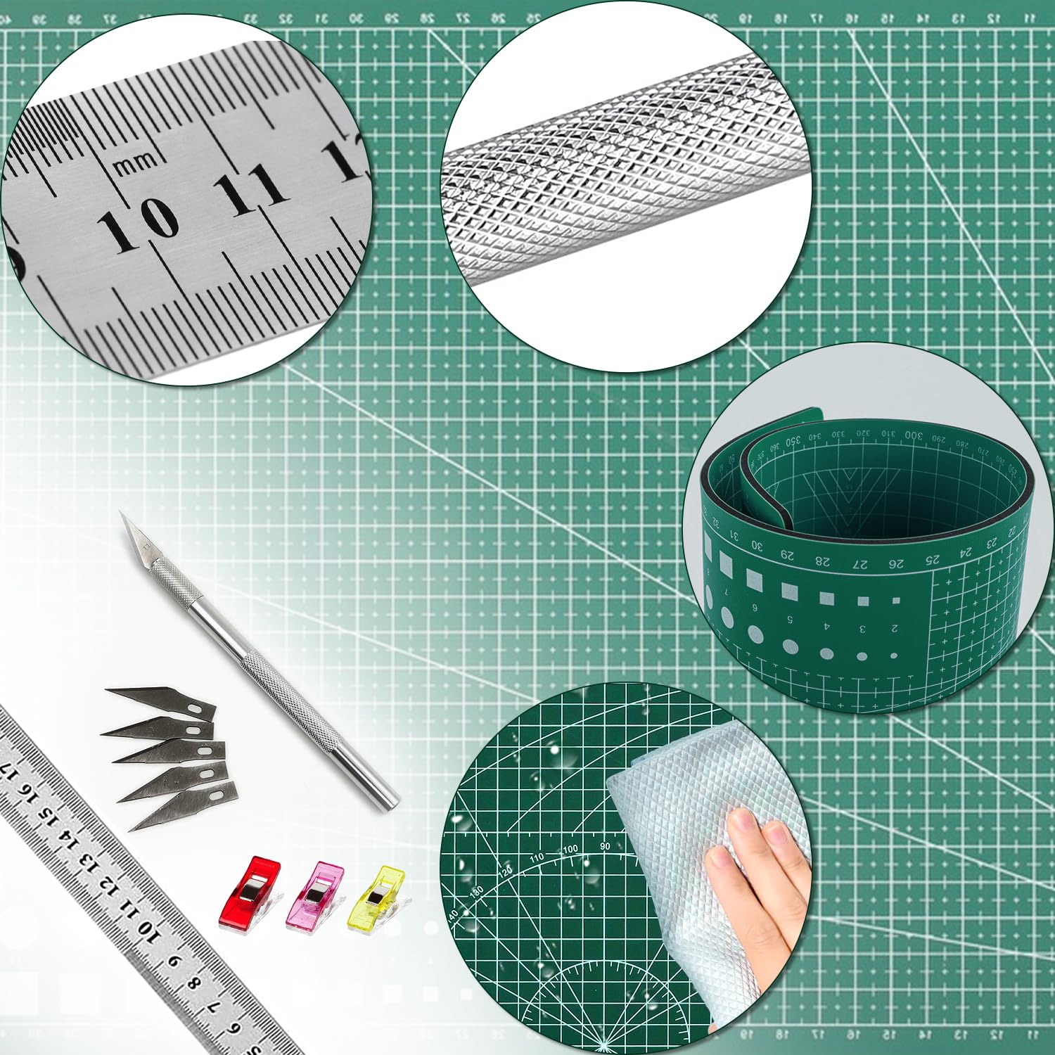 Tappetino Taglio A3 Autorigenerante Verde Doppia Faccia Tappetino Modellismo con Righello in Acciaio 42 Lama di Ricambio 10 Clip da Cucito 2 Coltello Intaglio Cutting Mat per Artigianato Cucito