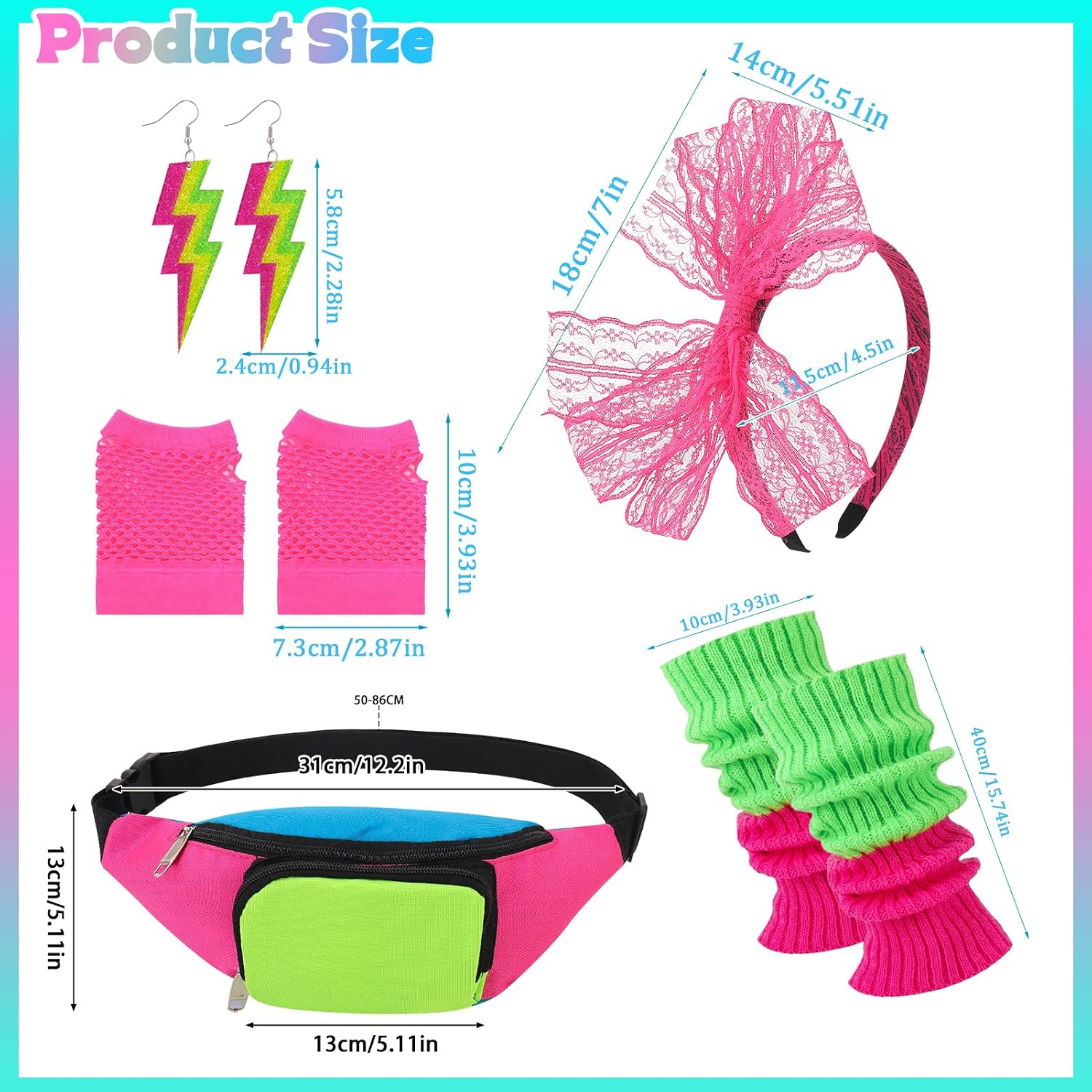 5Pcs 80s Accessories for Women Neon Costume Set with Fanny Pack Hairband Fishnet Gloves Earrings Socks for Halloween