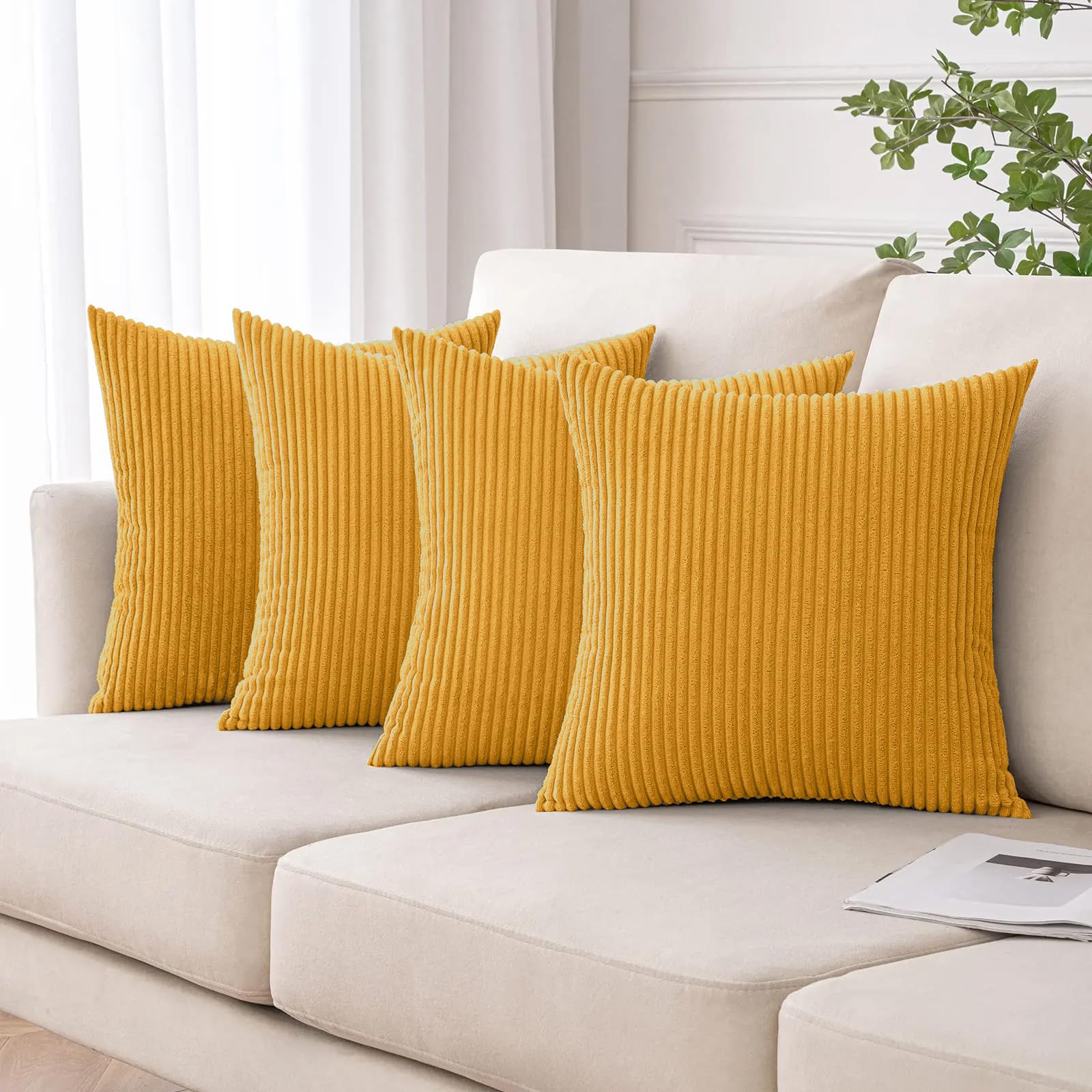 Moonlight Bedding Ochre Corduroy Cushions With Covers Included 45 X 45 Cm Pack Of 4 (4 Covers 4 Inserts) Stripe Throw Pillow Cases With Invisible Zipper Living Room Bed Sofa18 X 18 Inches