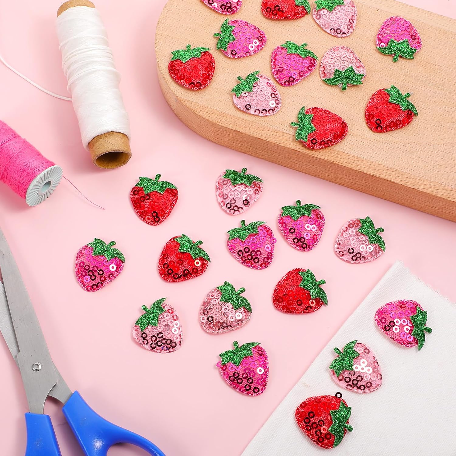 45 Pcs Cute Fruit Iron on Patch, Strawberry Fabric Lovely Sequin Patches Appliques Embellishments Sweet Applique Badge Sew Repair DIY Craft Accessories for Girls Women (Red, Pink, Rose Red)