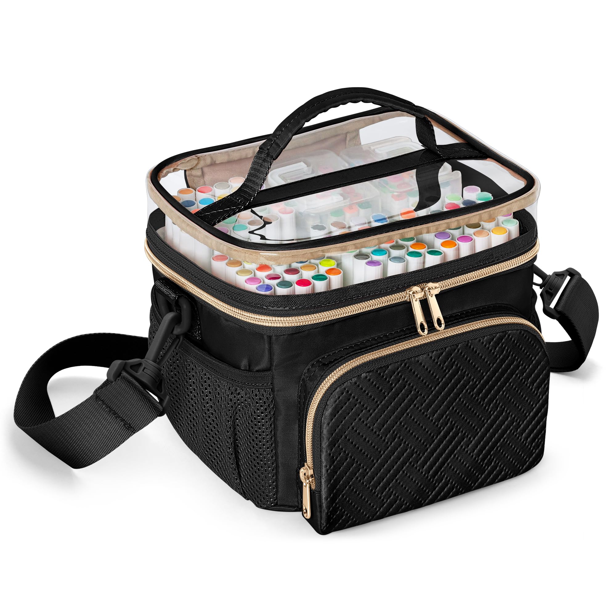 Marker Organizer Case for 100 Markers, Marker Storage Organizer Bag with Divider and Shoulder Strap, Marker Travel Carrying Case with 3 Pockets, Black (Patented Design)