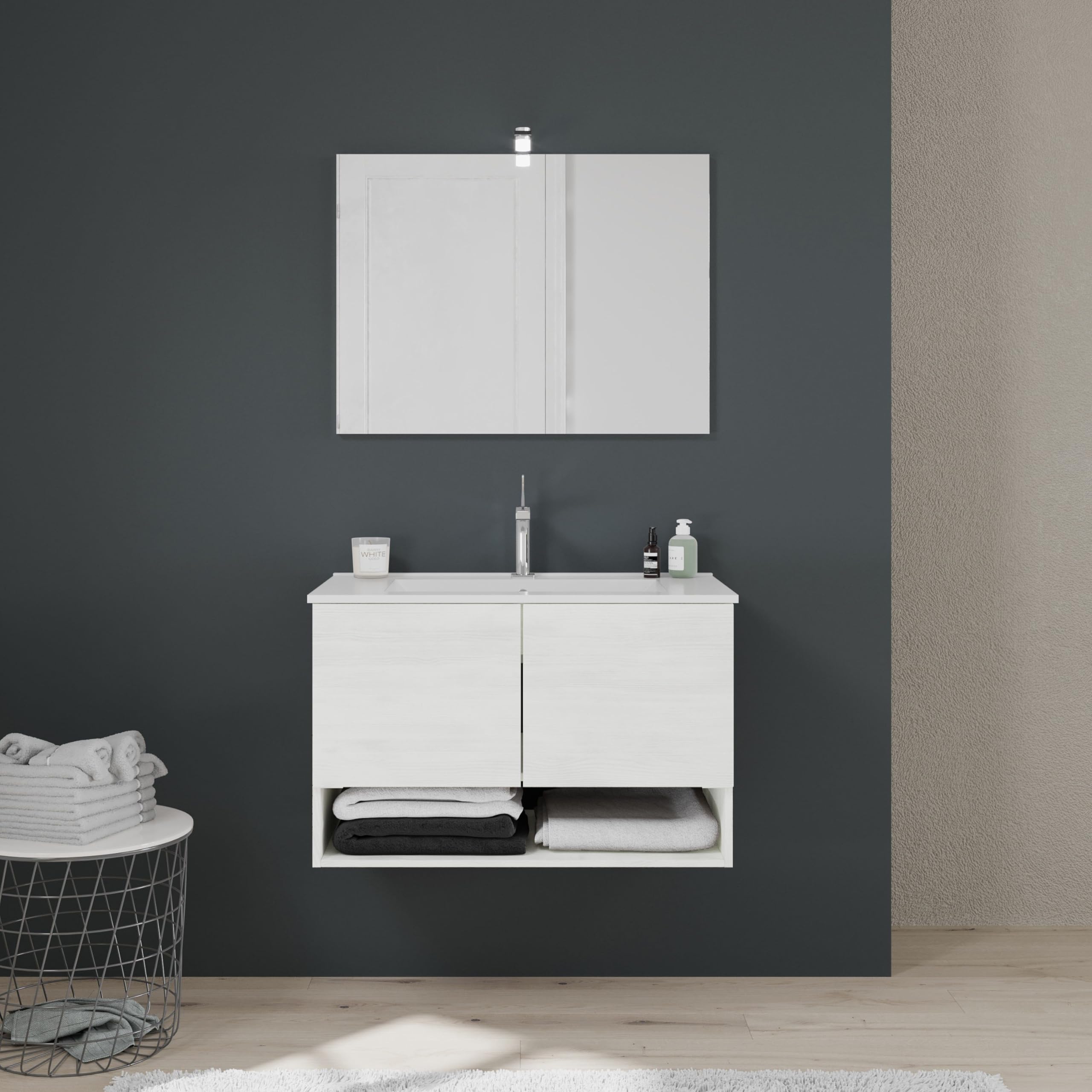 Kiamami Valentina Armadietto Bagno Sospeso 80 Cm 2 Ante Quercia Bianco