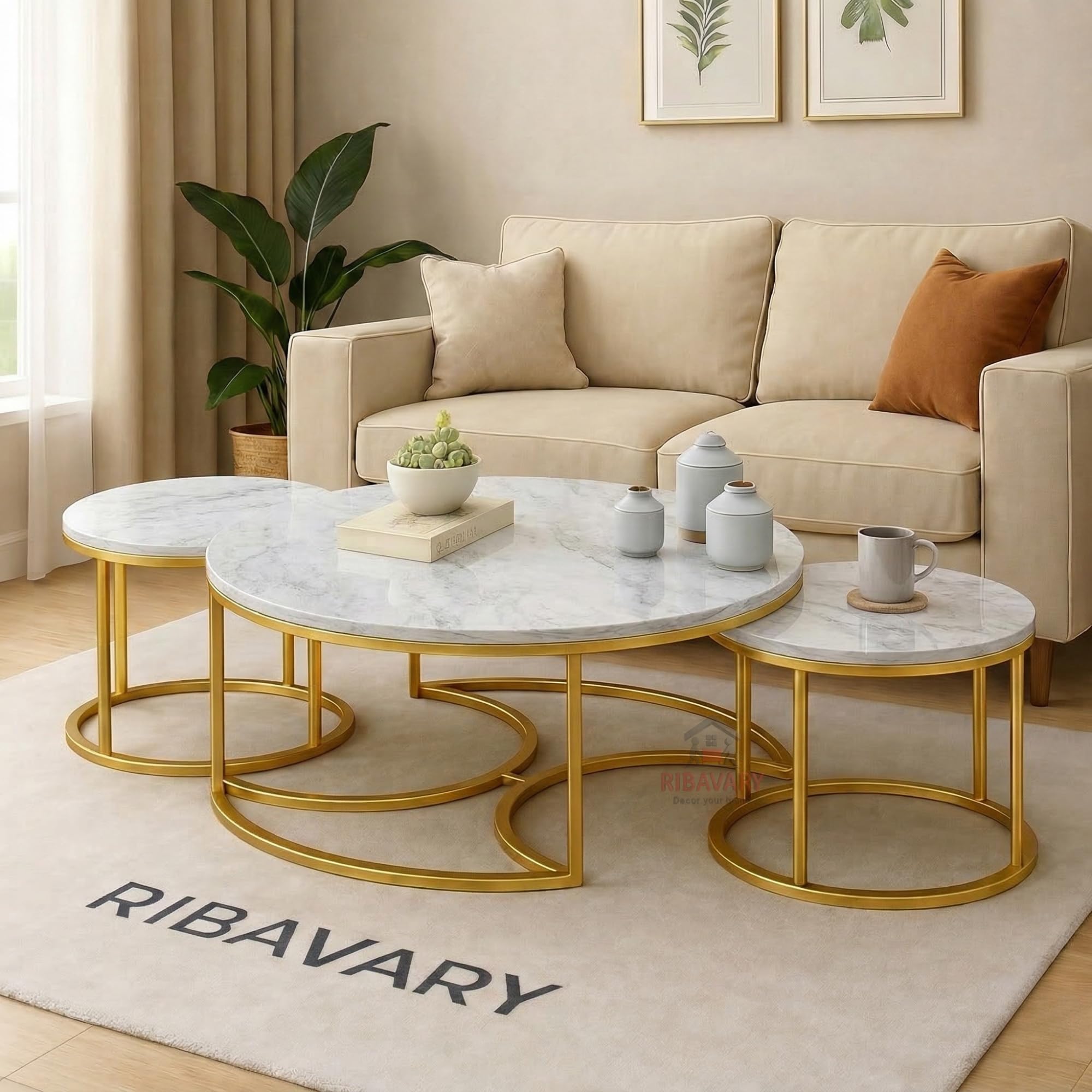 Round Coffee Table Set of 3, Marble Laminated Accent Center Table with Sturdy Metal Base | Modern Foldable Nesting Stacking Tables for Living Room, Bedroom, or Apartments (Golden - White)-image-28