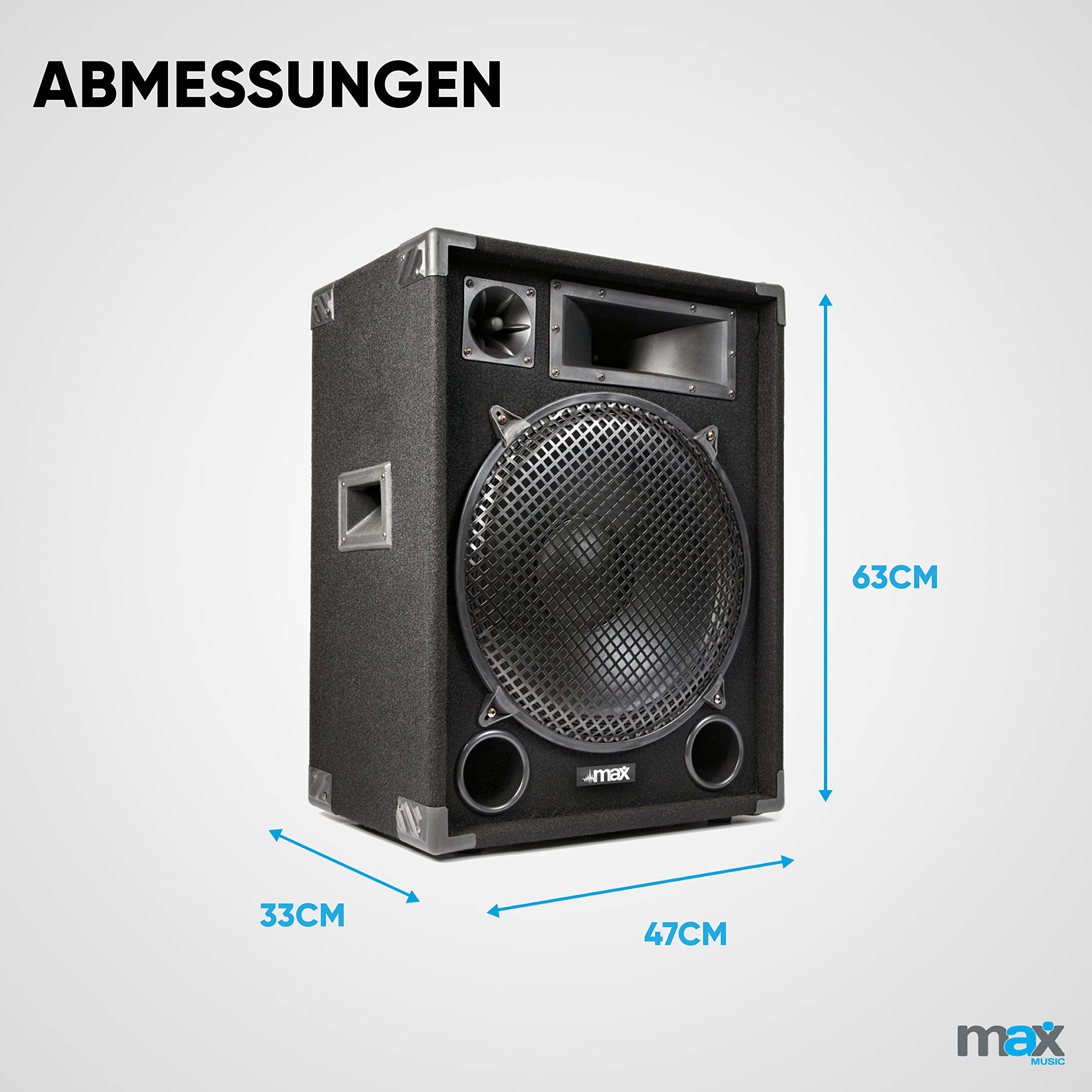 MAX MAX15 - Passiver Lautsprecher, 2er Set 1000 Watt mit je 15 Zoll Tieftöner, Partyboxen mit Griffe, Passive DJ Boxen Partylautsprecher, Disco Lautsprecherbox in Schwarz